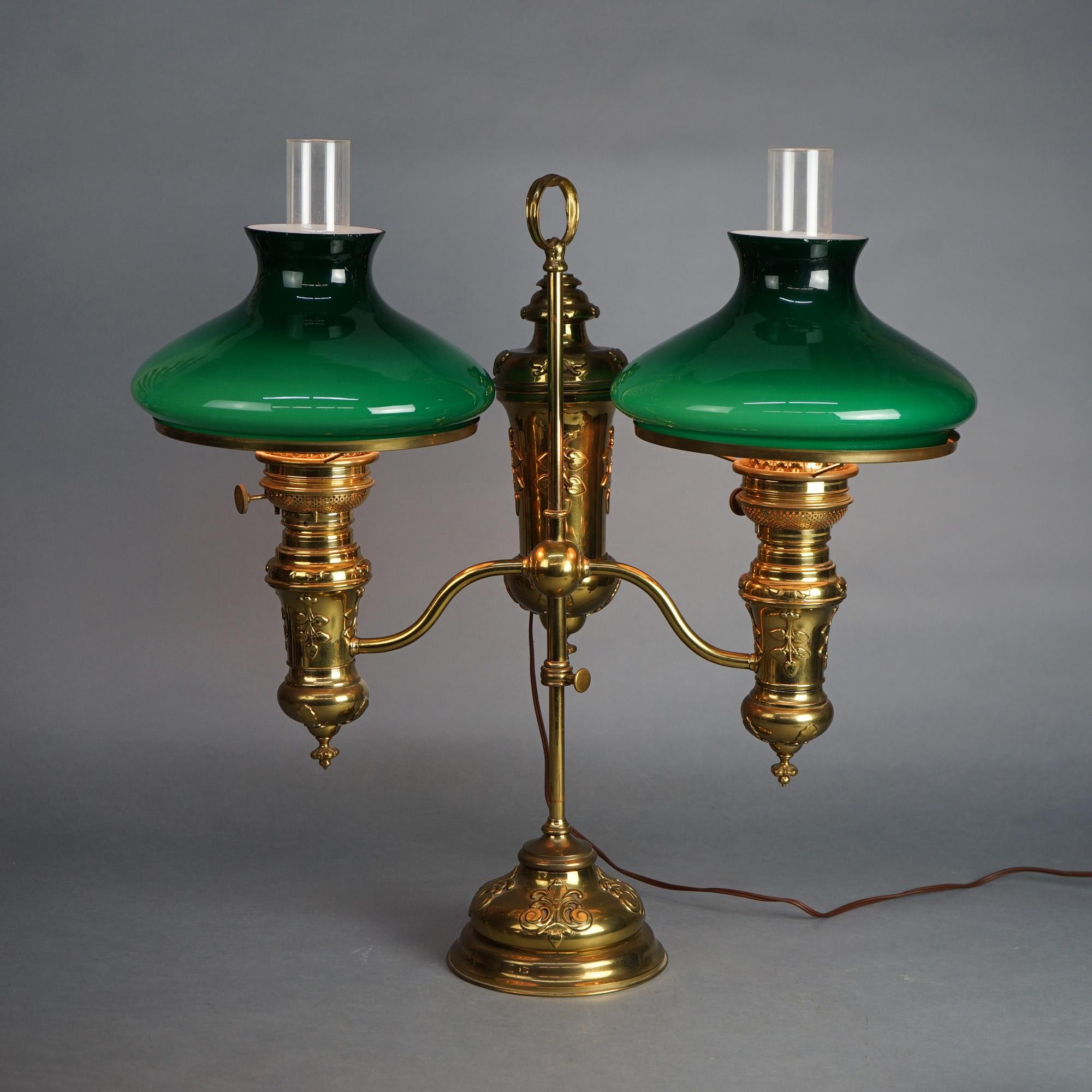 Antique Bradley & Hubbard Brass with Encased Green Glass Double Student Lamp For Sale 12