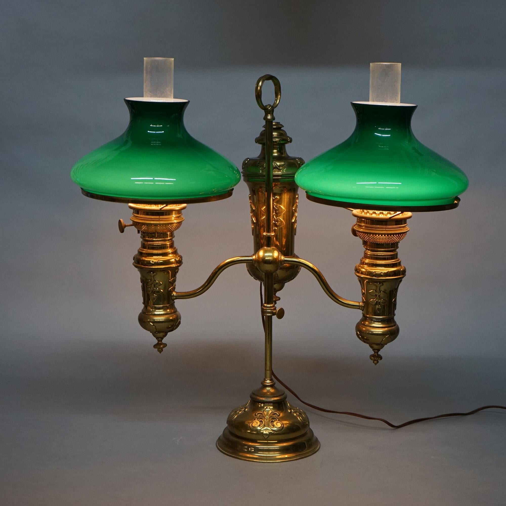 Antique Bradley & Hubbard Brass with Encased Green Glass Double Student Lamp For Sale 13