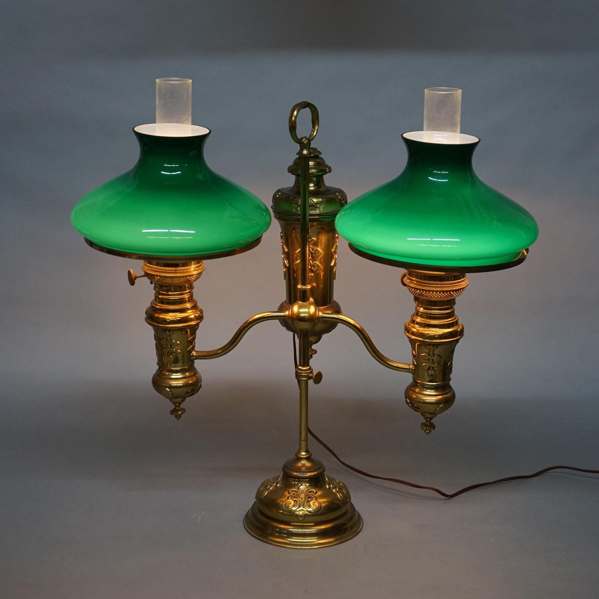 Antique Bradley & Hubbard Brass with Encased Green Glass Double Student Lamp For Sale 14