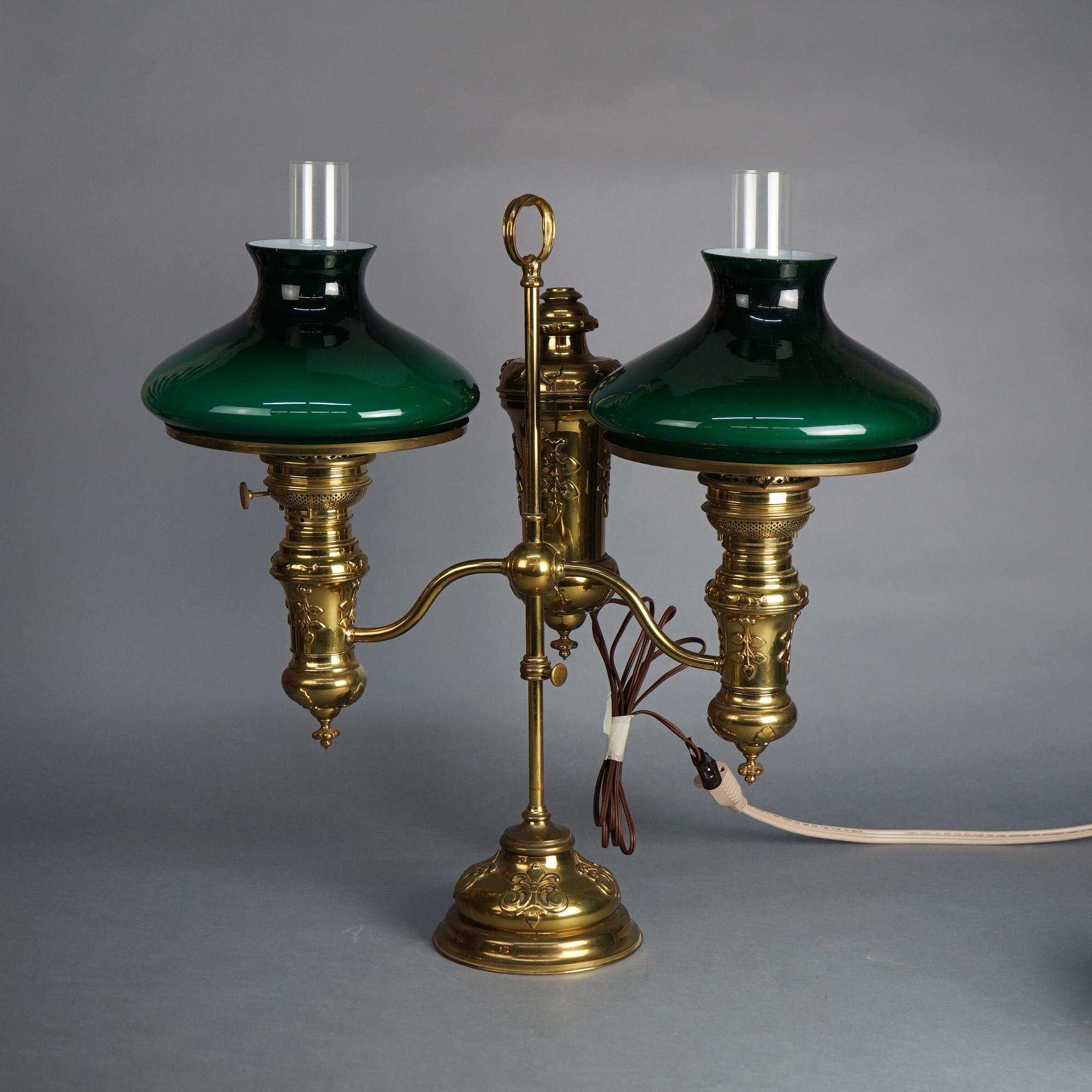 American Antique Bradley & Hubbard Brass with Encased Green Glass Double Student Lamp For Sale