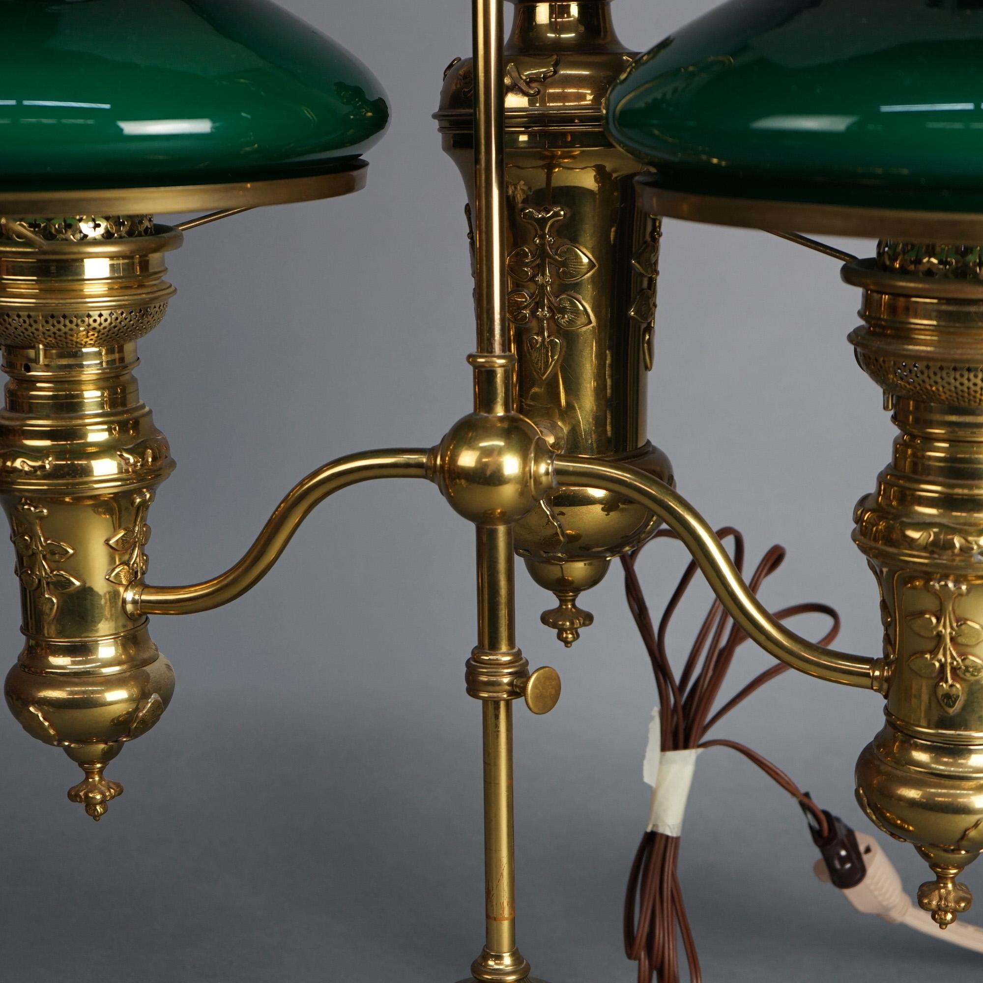 19th Century Antique Bradley & Hubbard Brass with Encased Green Glass Double Student Lamp For Sale