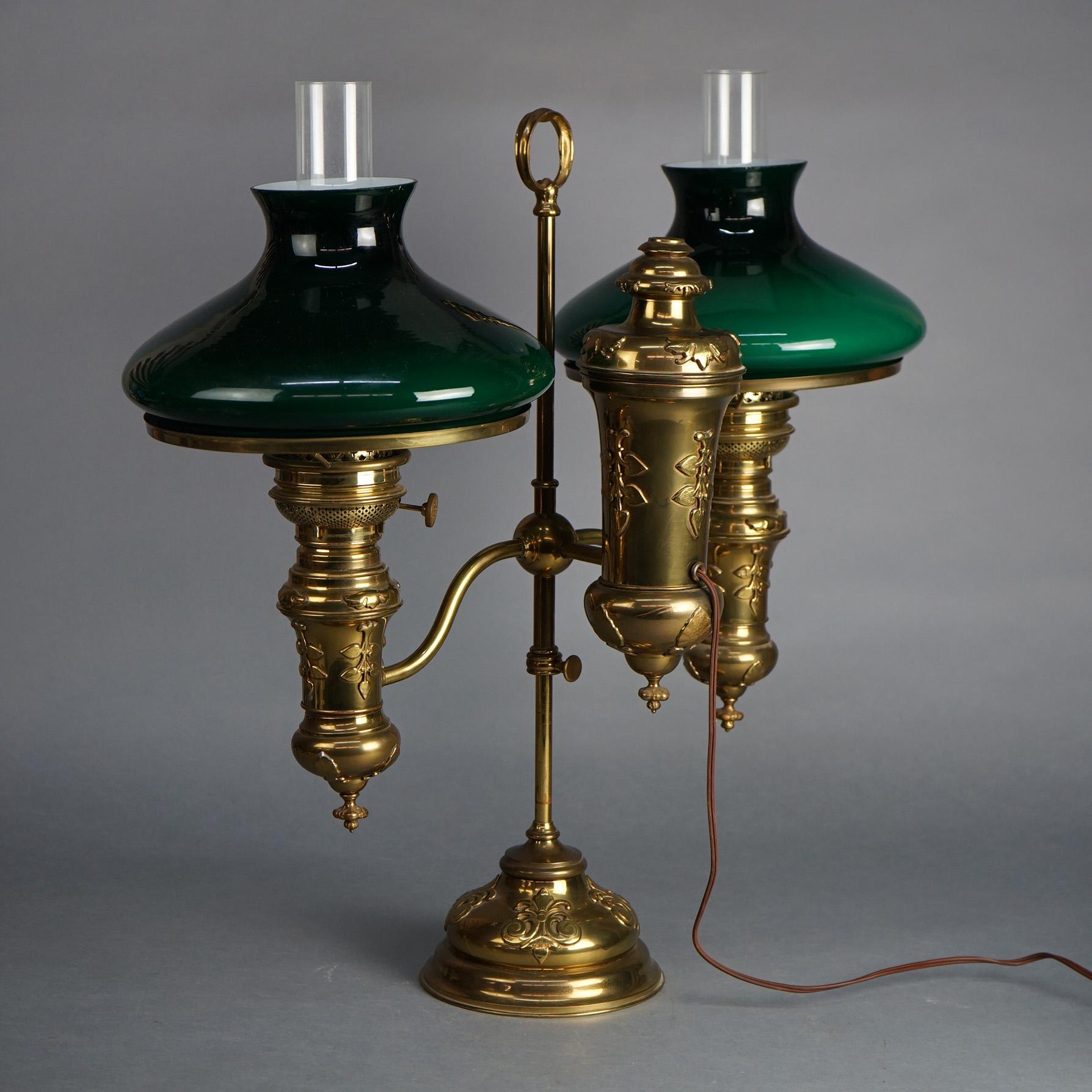 Antique Bradley & Hubbard Brass with Encased Green Glass Double Student Lamp For Sale 4