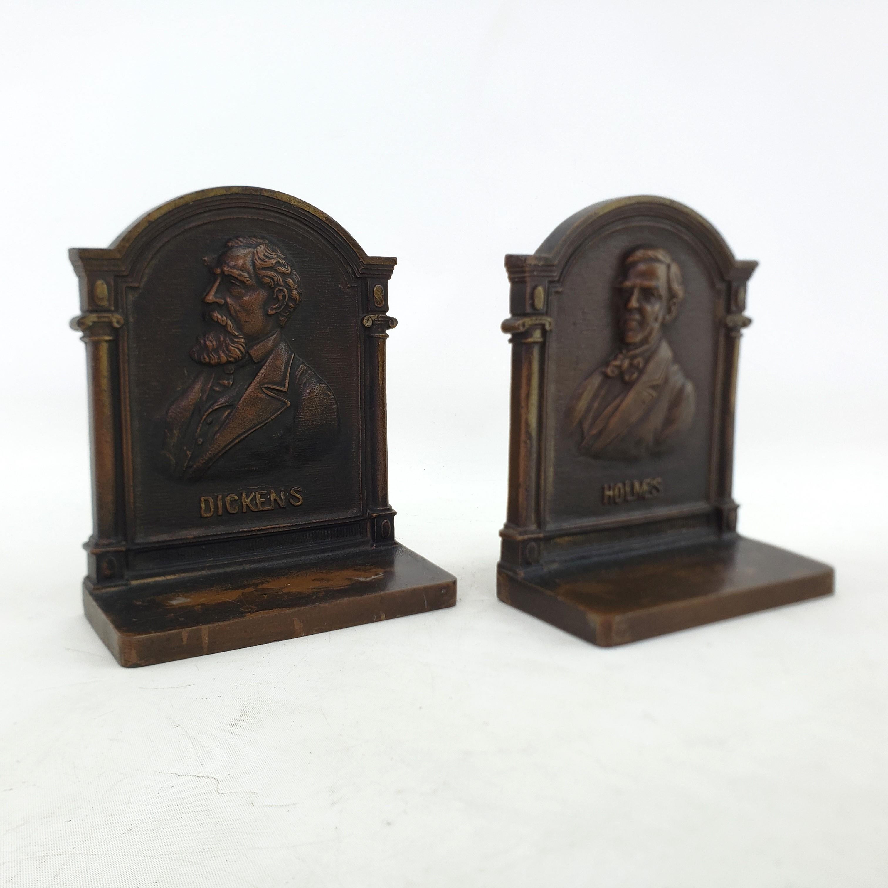 Art Deco Antique Bradley & Hubbard Cast Iron Bookends of Authors Dickens & Oliver Holmes For Sale