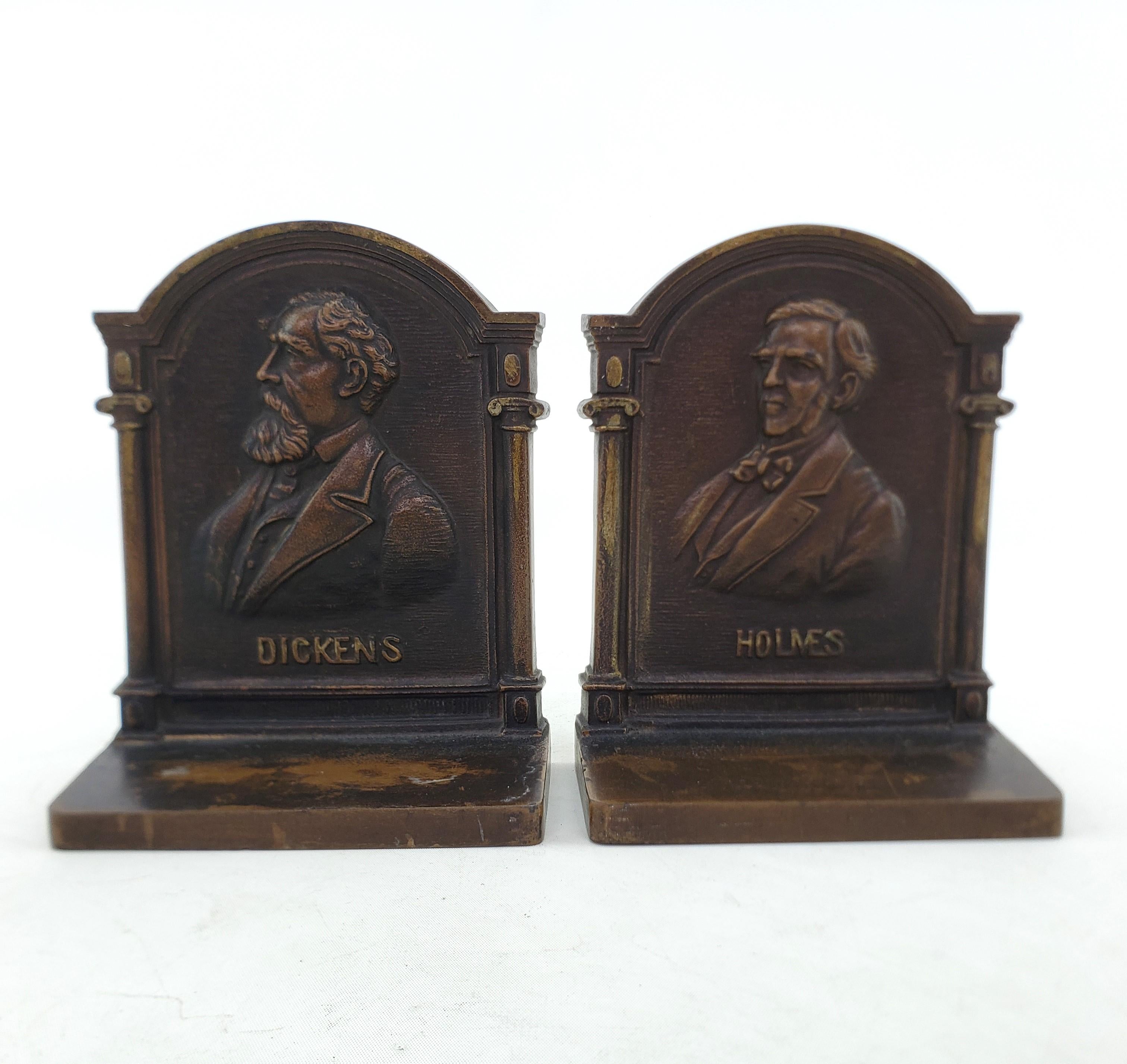 American Antique Bradley & Hubbard Cast Iron Bookends of Authors Dickens & Oliver Holmes For Sale
