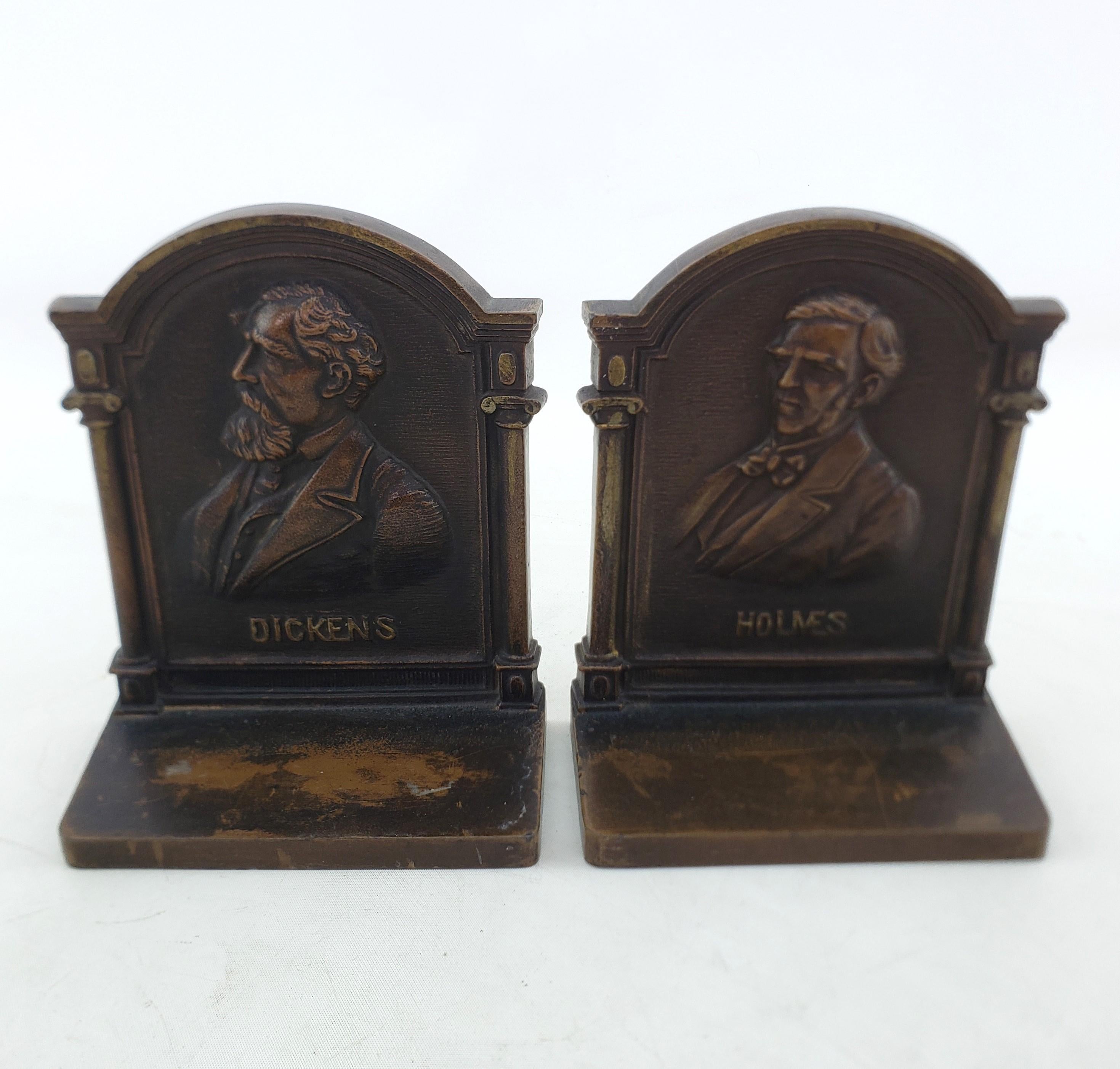American Antique Bradley & Hubbard Cast Iron Bookends of Authors Dickens & Oliver Holmes For Sale