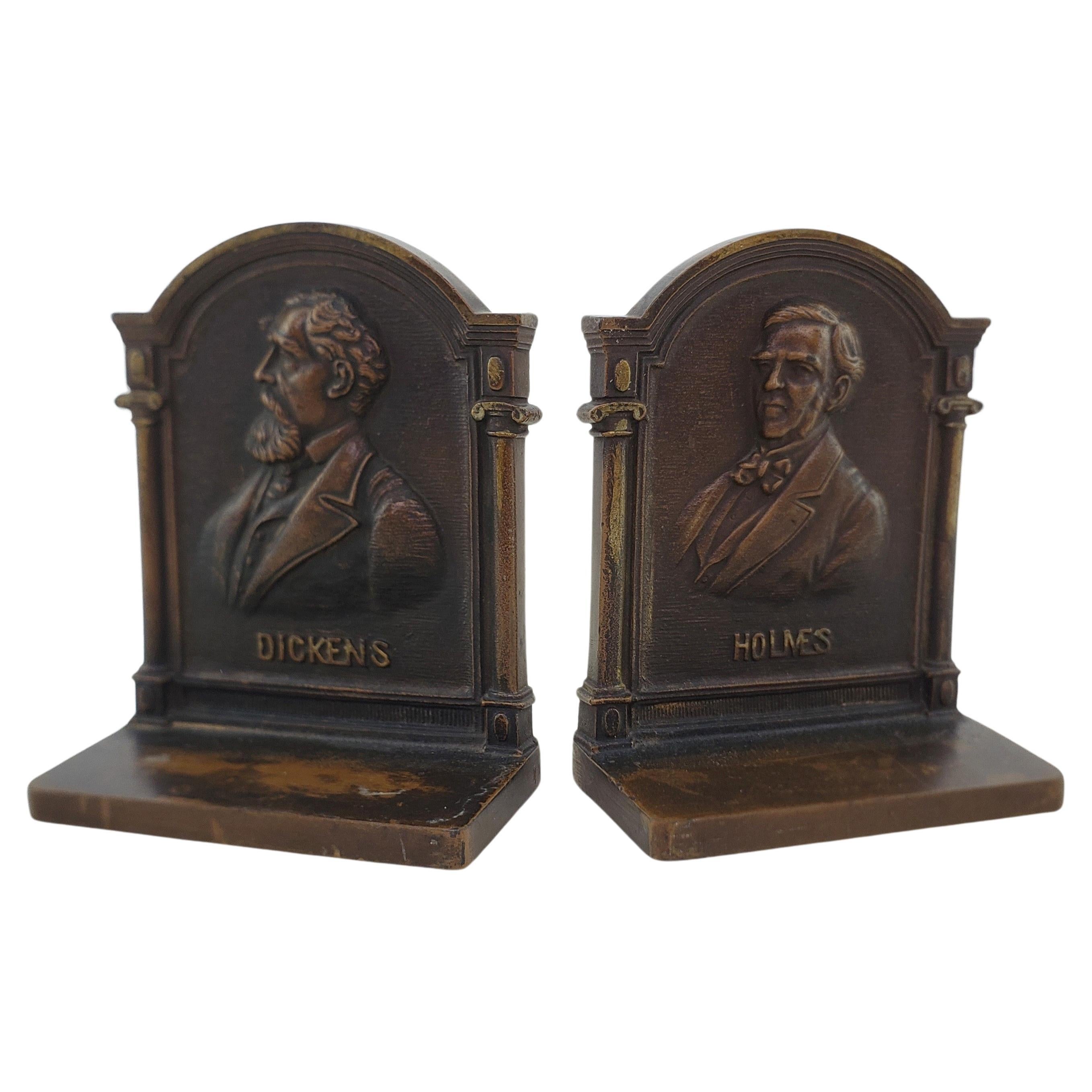 Antique Bradley & Hubbard Cast Iron Bookends of Authors Dickens & Oliver Holmes For Sale