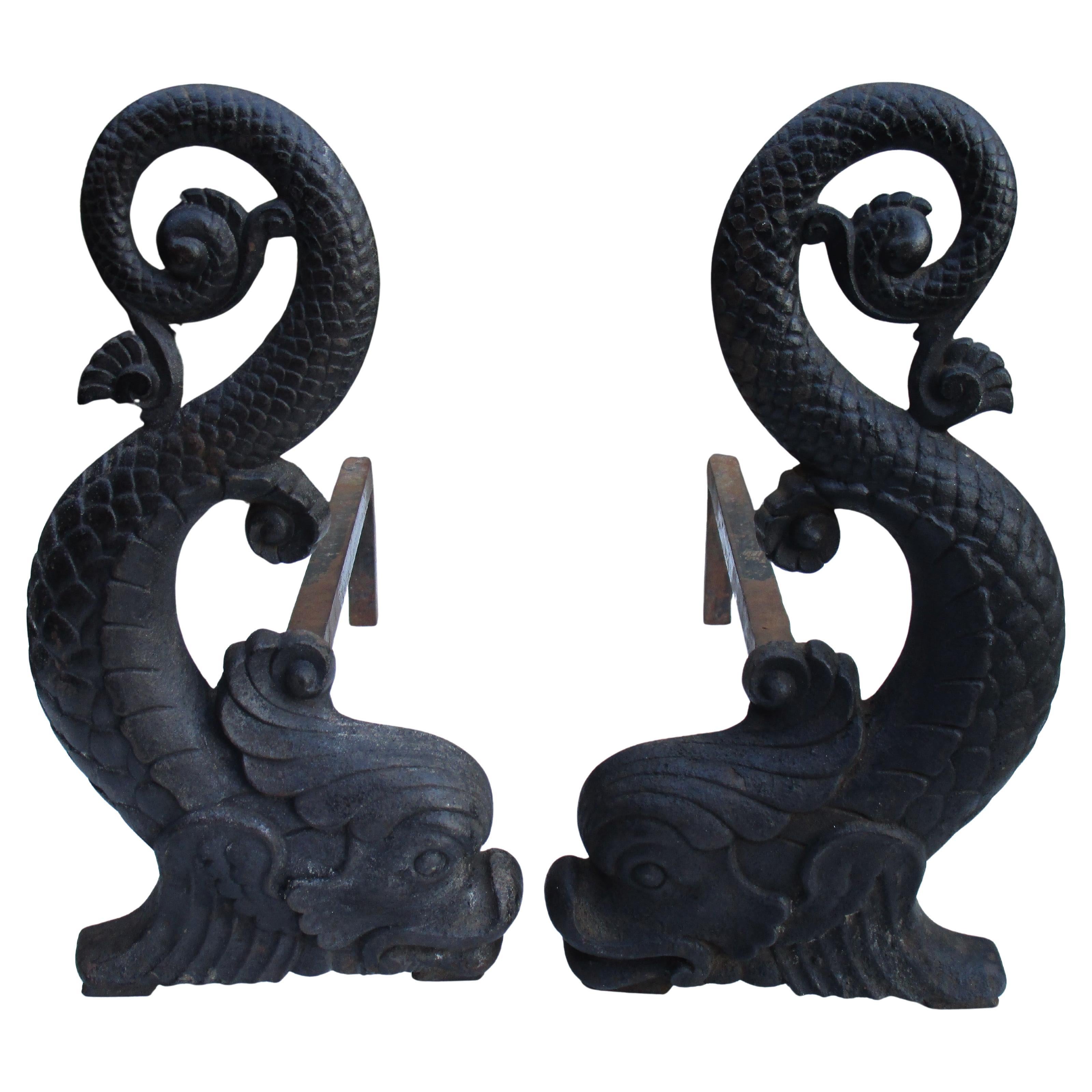 Antique Bradley and Hubbard Cast Iron Dolphin Andirons, Circa 1900 For ...