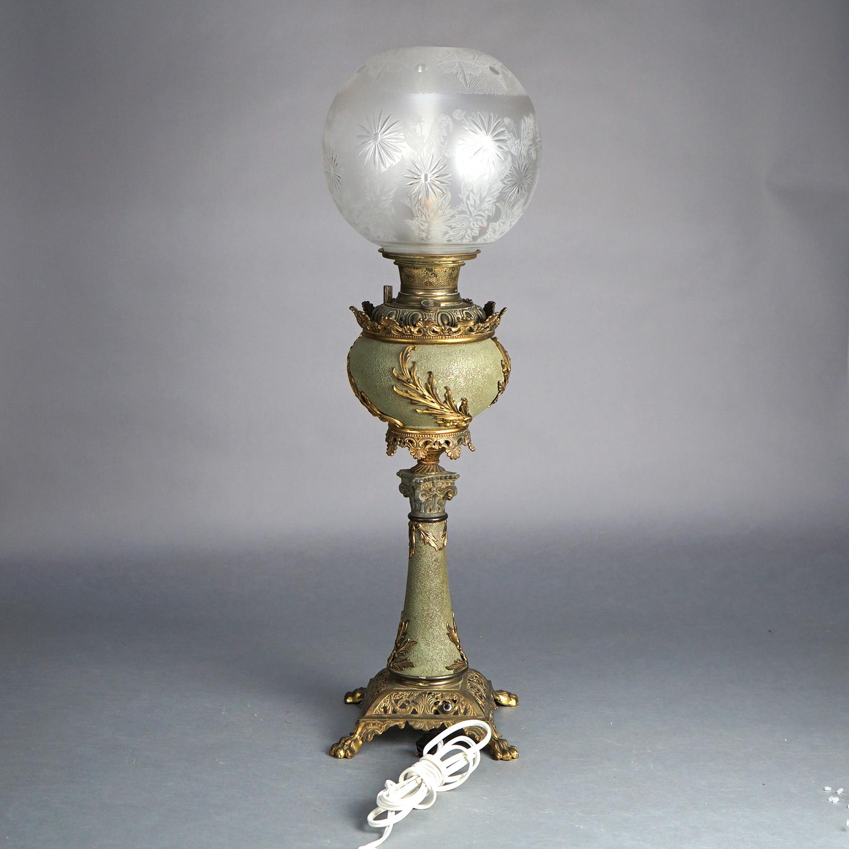 American Antique Bradley & Hubbard Classical Brass Parlor Lamp with Verdigris Finish  For Sale
