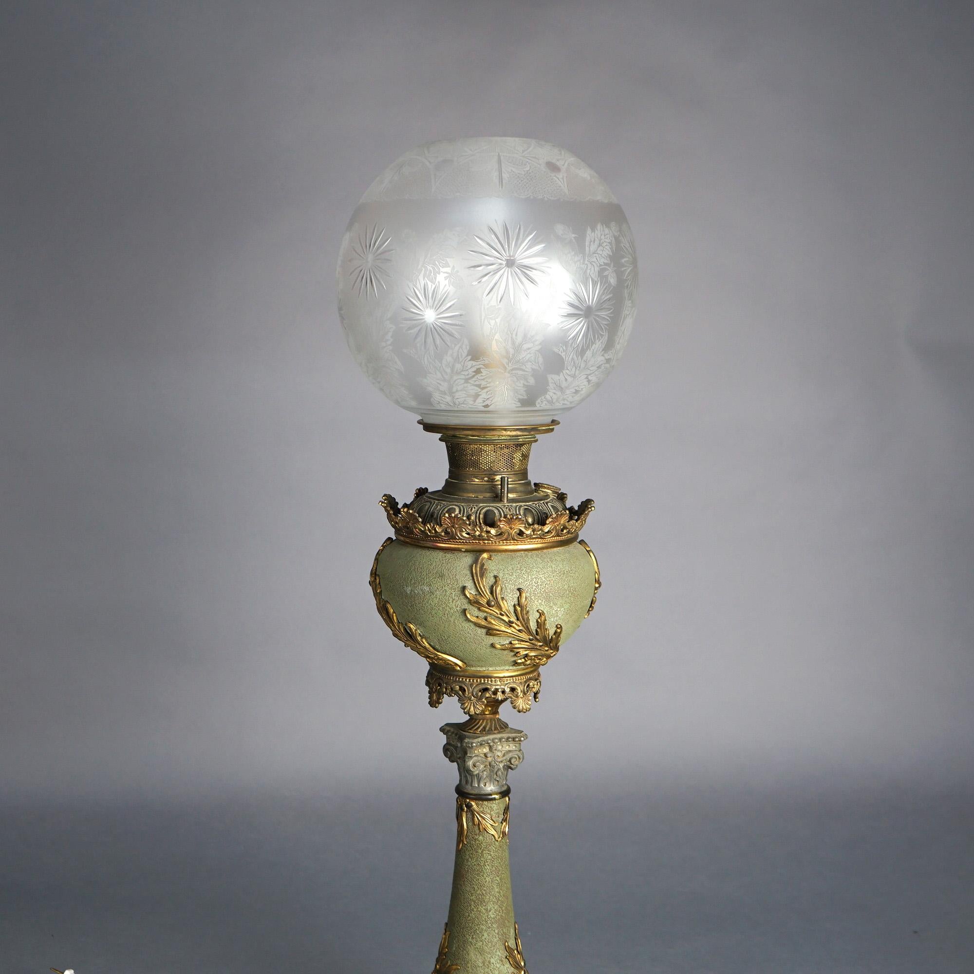 19th Century Antique Bradley & Hubbard Classical Brass Parlor Lamp with Verdigris Finish 