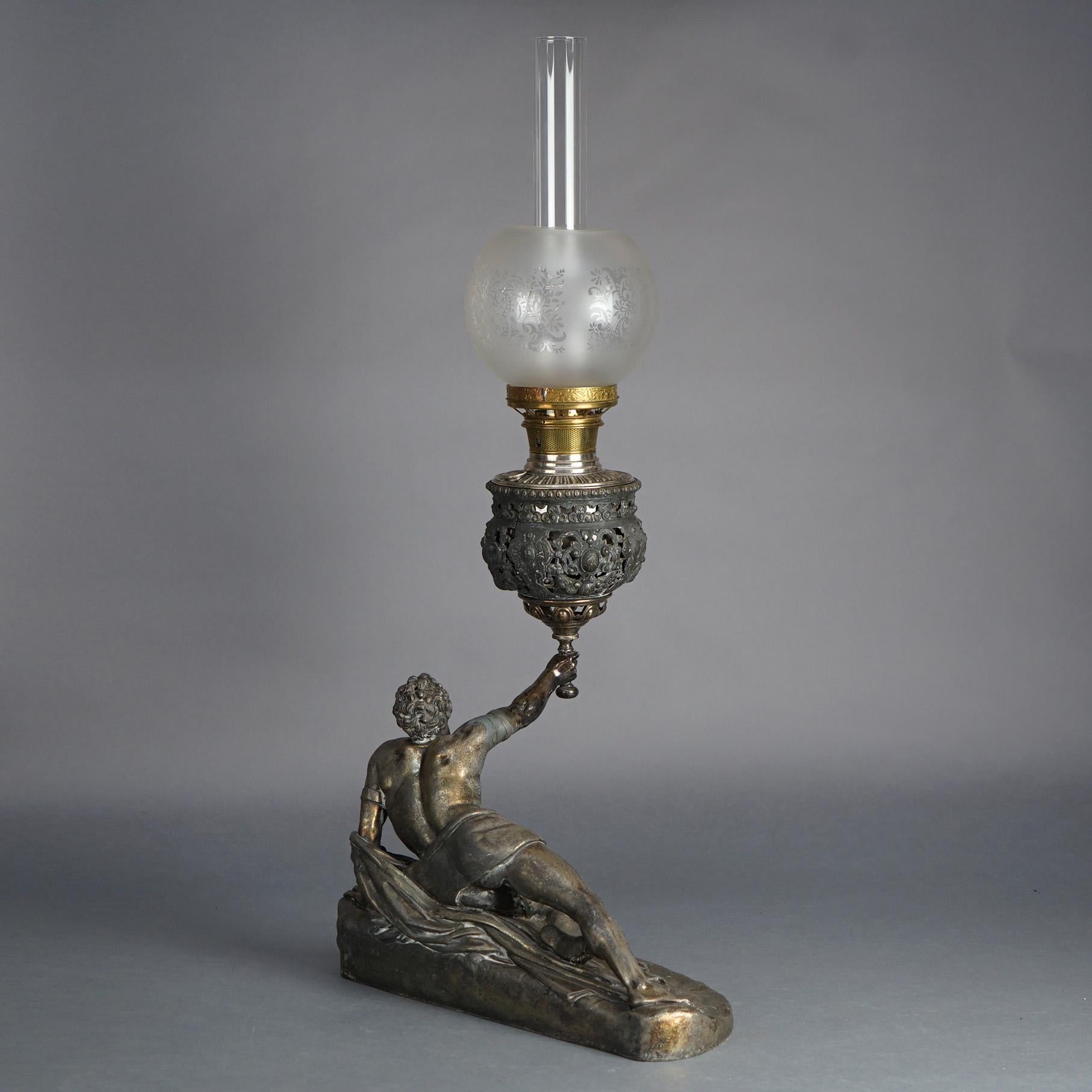 An antique figural 'Soldat Spartiate' oil lamp by Bradley and Hubbard after sculpture by Jean-Pierre Cortot (French, 1787-1843) depicts a Spartan soldier holding an oil lamp aloft; titled as photographed; c1810

Measures- 35''H x 16.5''W x 12''D