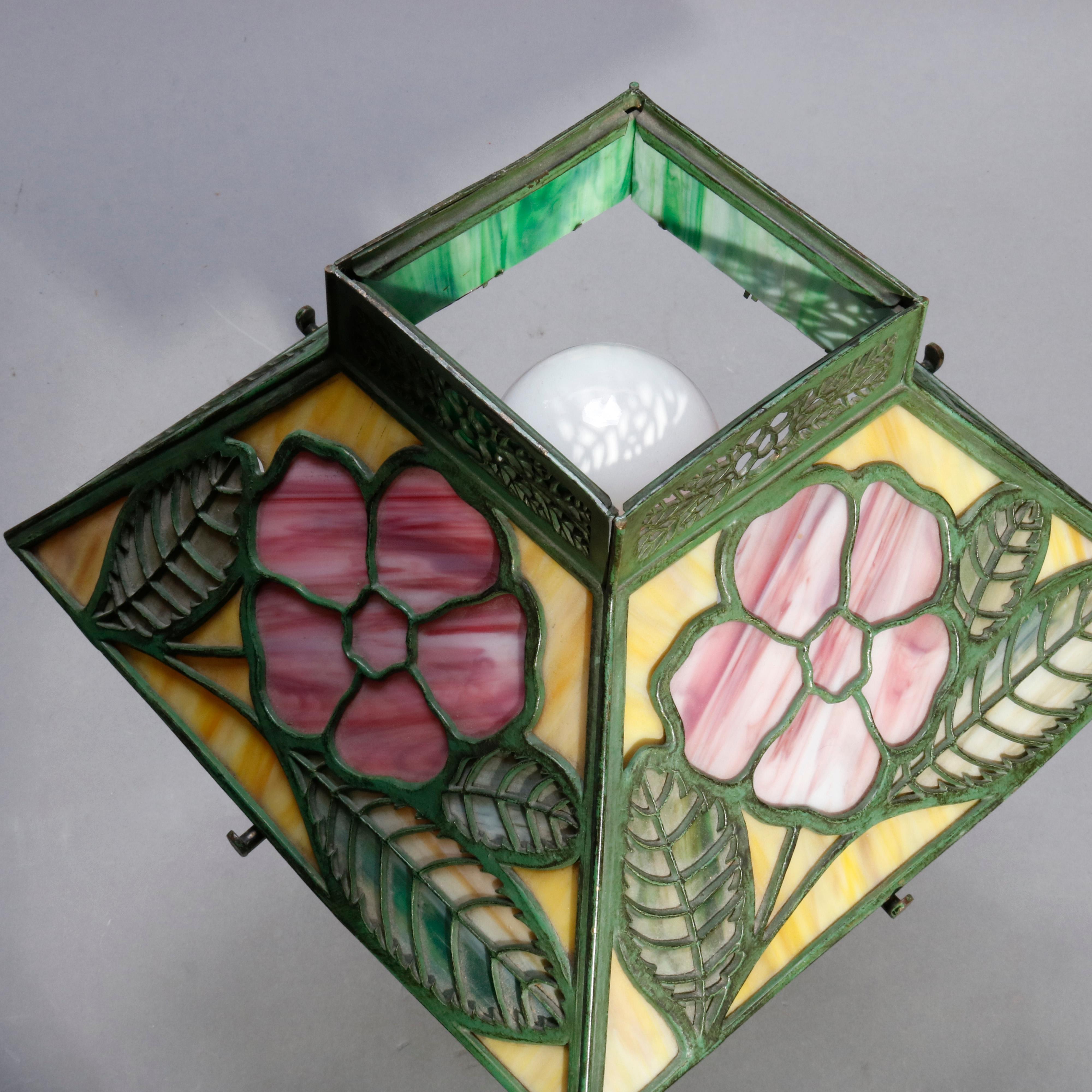 Arts and Crafts Antique Bradley & Hubbard Floral Murano Glass Shade Table Lamp, circa 1920