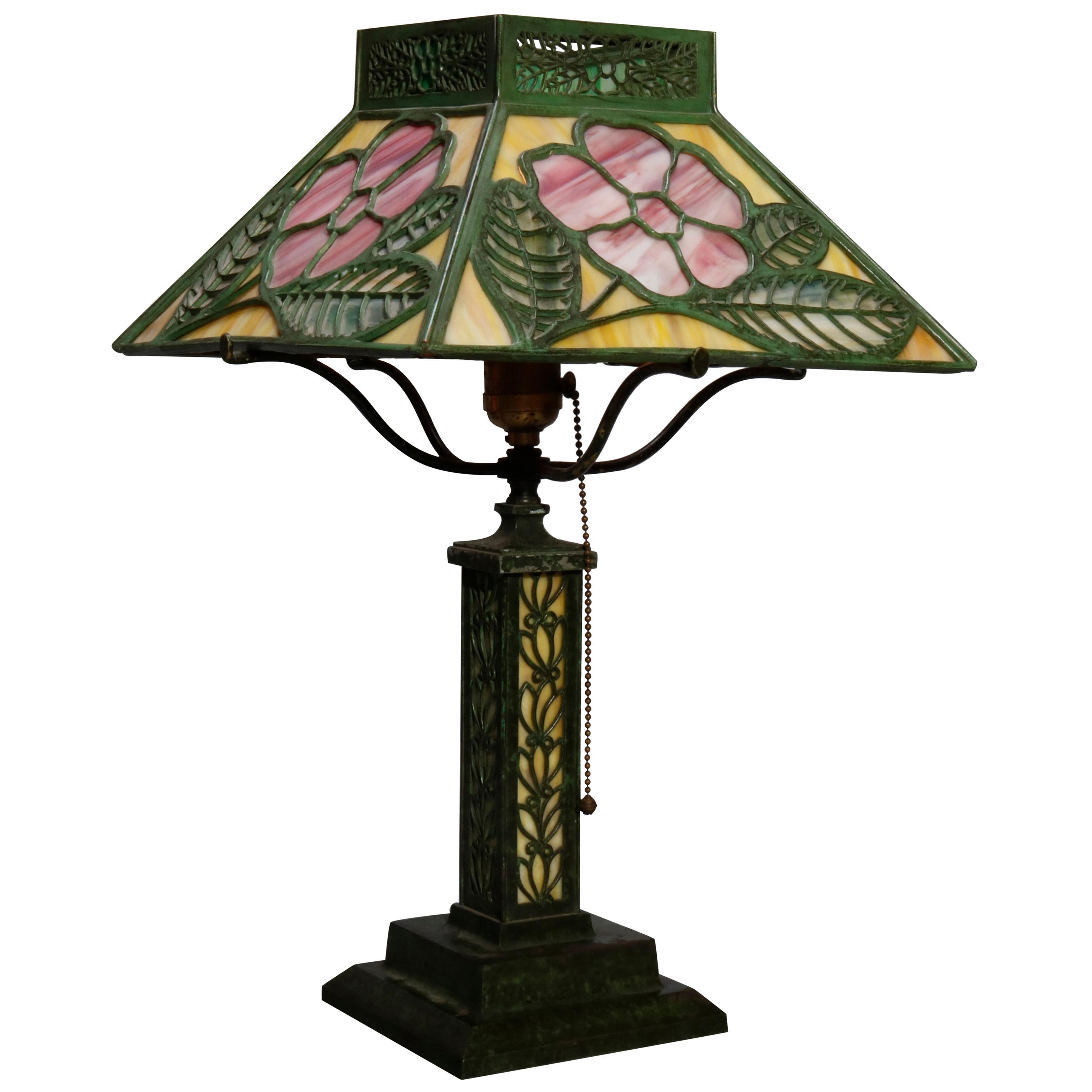 Antique Bradley & Hubbard Floral Murano Glass Shade Table Lamp, circa 1920