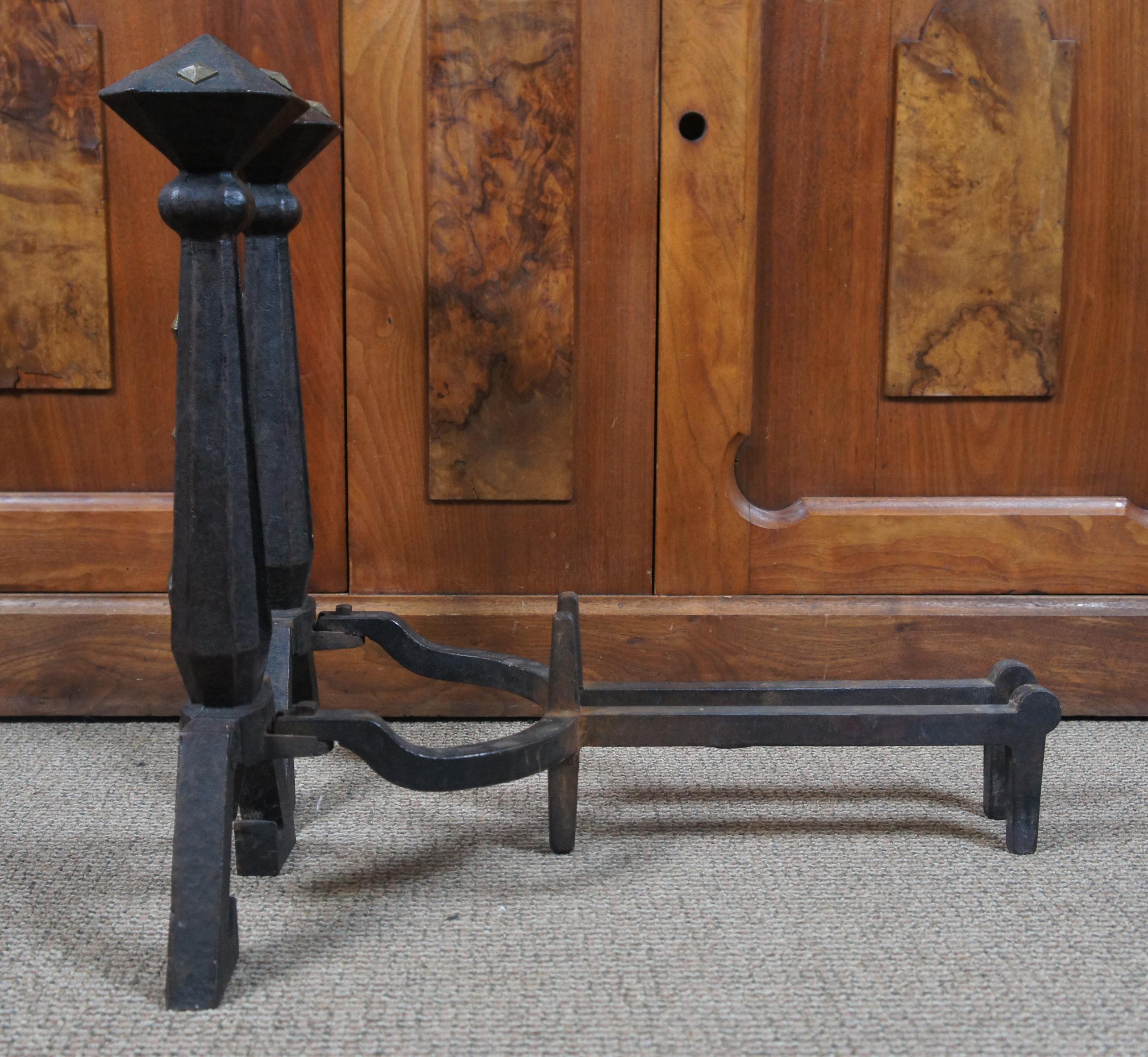20th Century Antique Bradley & Hubbard Iron Fireplace Andirons Gothic Medieval Arts & Crafts