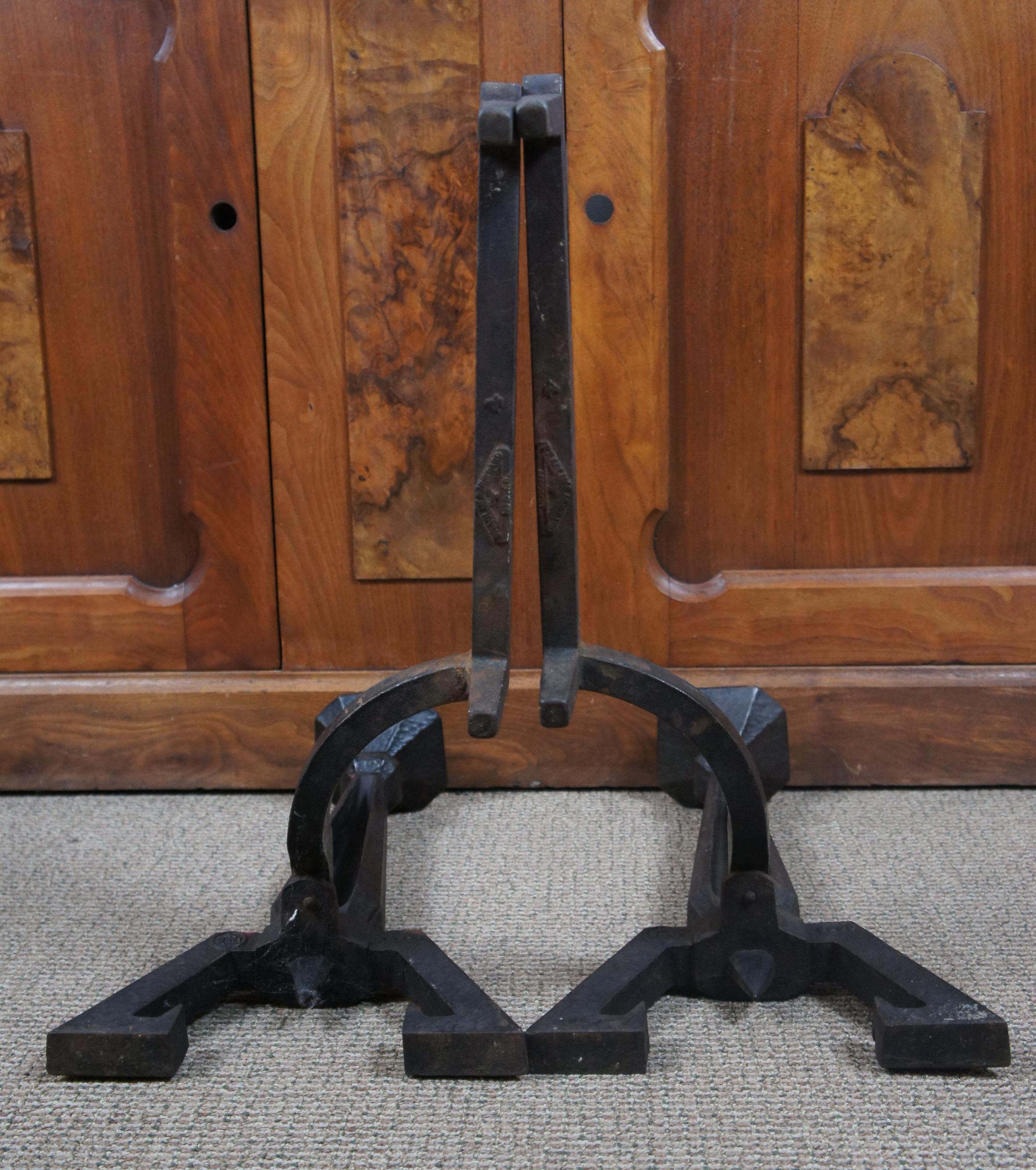Antique Bradley & Hubbard Iron Fireplace Andirons Gothic Medieval Arts & Crafts 4