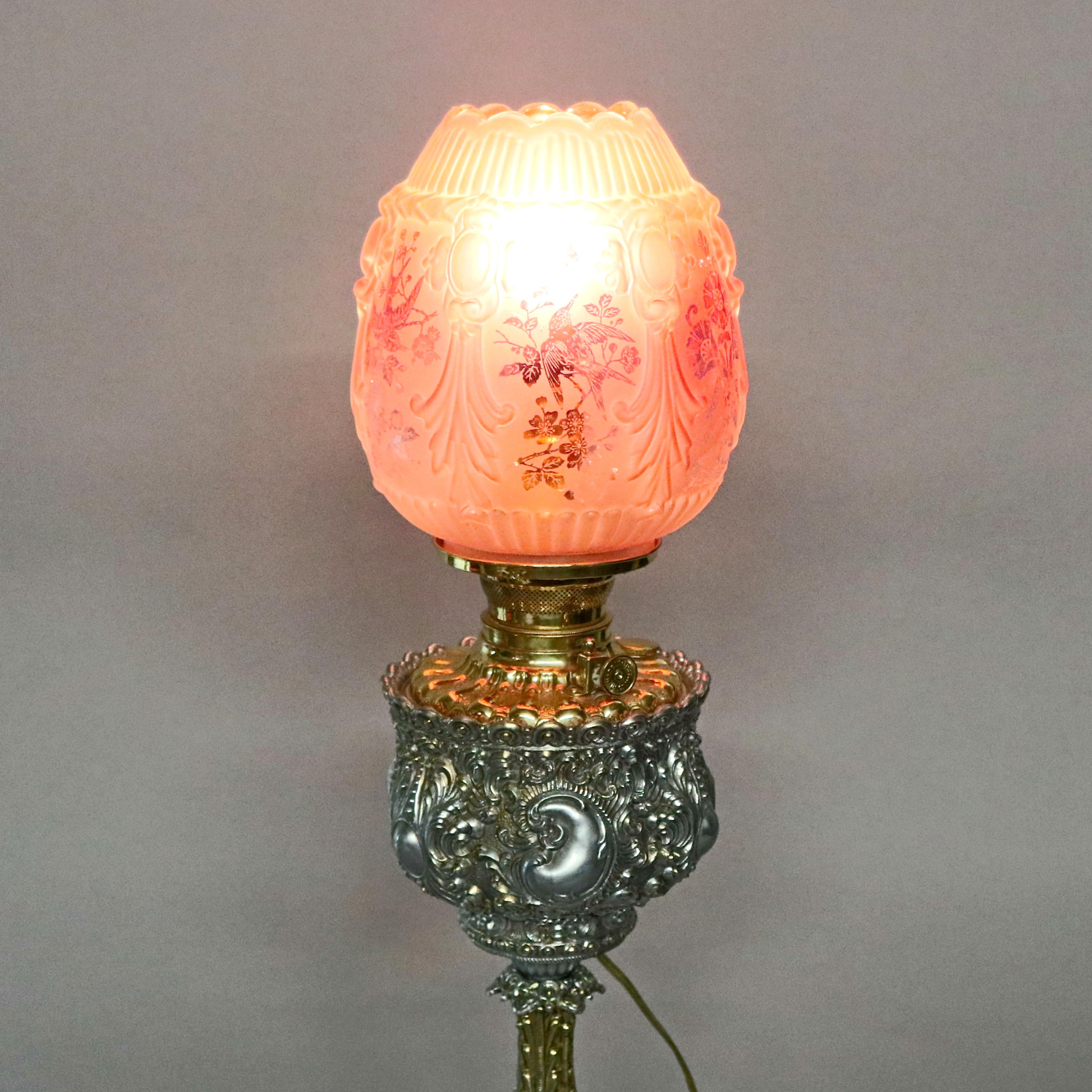 Cast Antique Bradley & Hubbard Rococo Style Lamp with Cranberry Shade, circa 1890