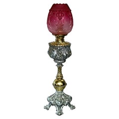 Antique Bradley & Hubbard Rococo Style Lamp with Cranberry Shade, circa 1890