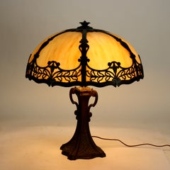 Antique Bradley & Hubbard School 6 Panel Slag Glass Lamp c1920