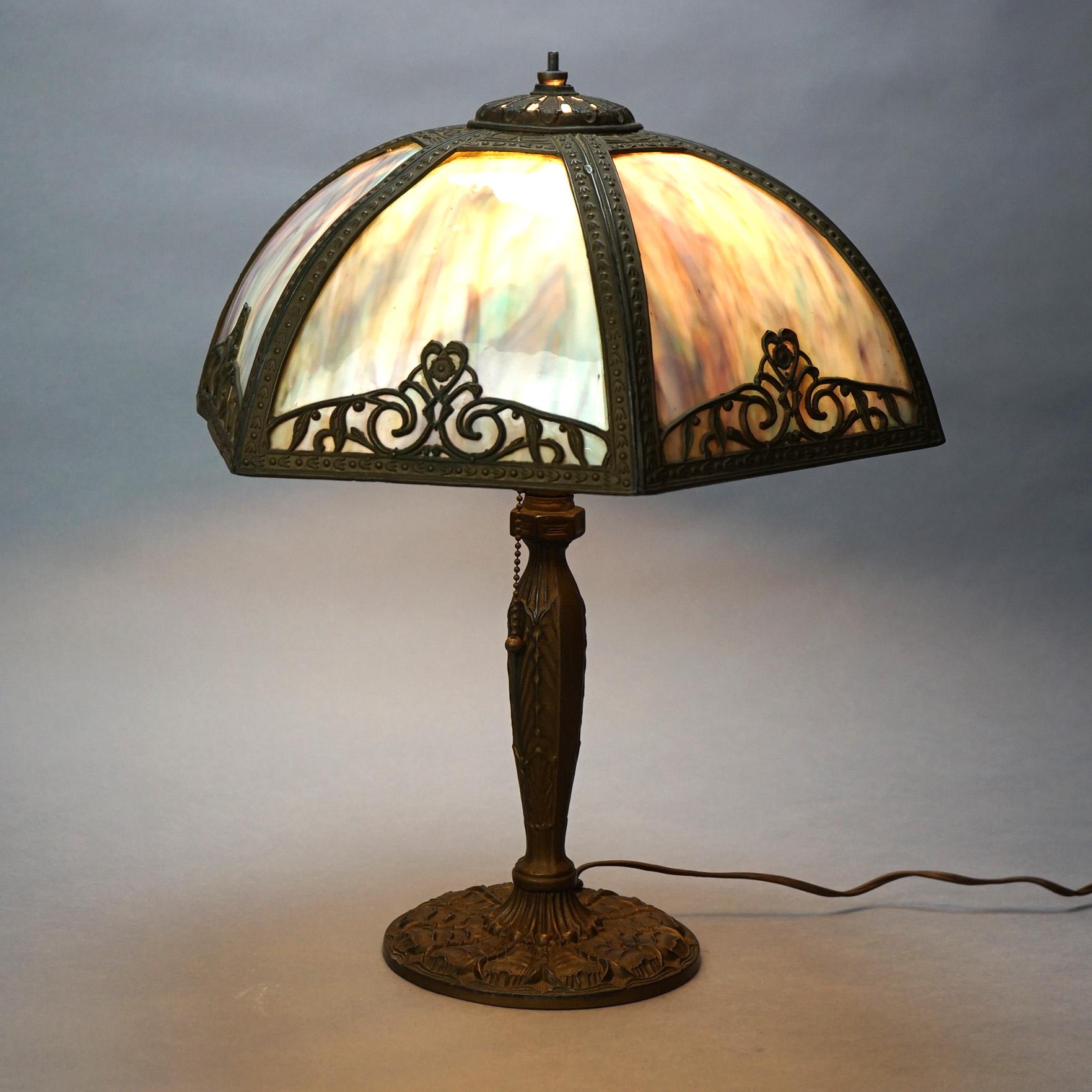 Arts and Crafts Antique Bradley & Hubbard School Arts & Crafts Bent Slag Glass Panel Lamp C1920
