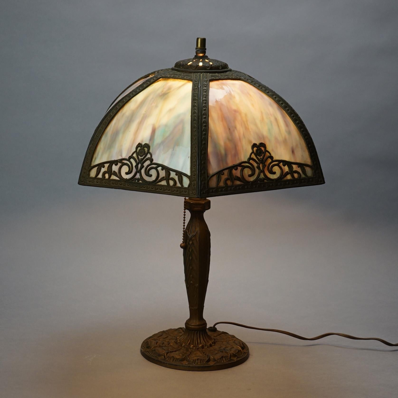American Antique Bradley & Hubbard School Arts & Crafts Bent Slag Glass Panel Lamp C1920