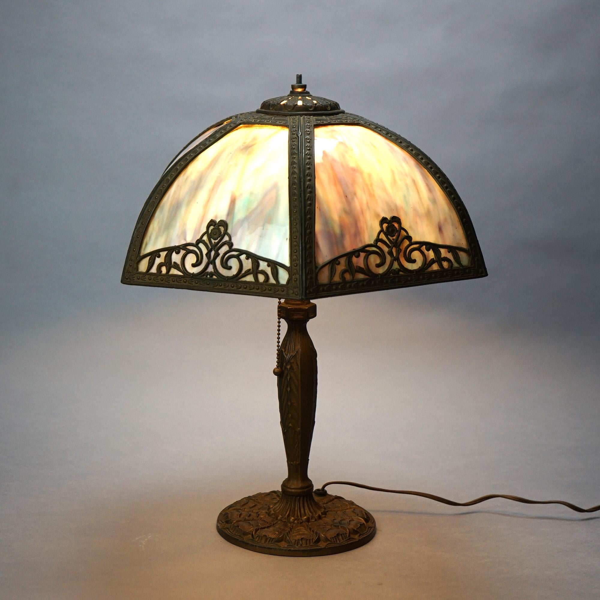 Cast Antique Bradley & Hubbard School Arts & Crafts Bent Slag Glass Panel Lamp C1920