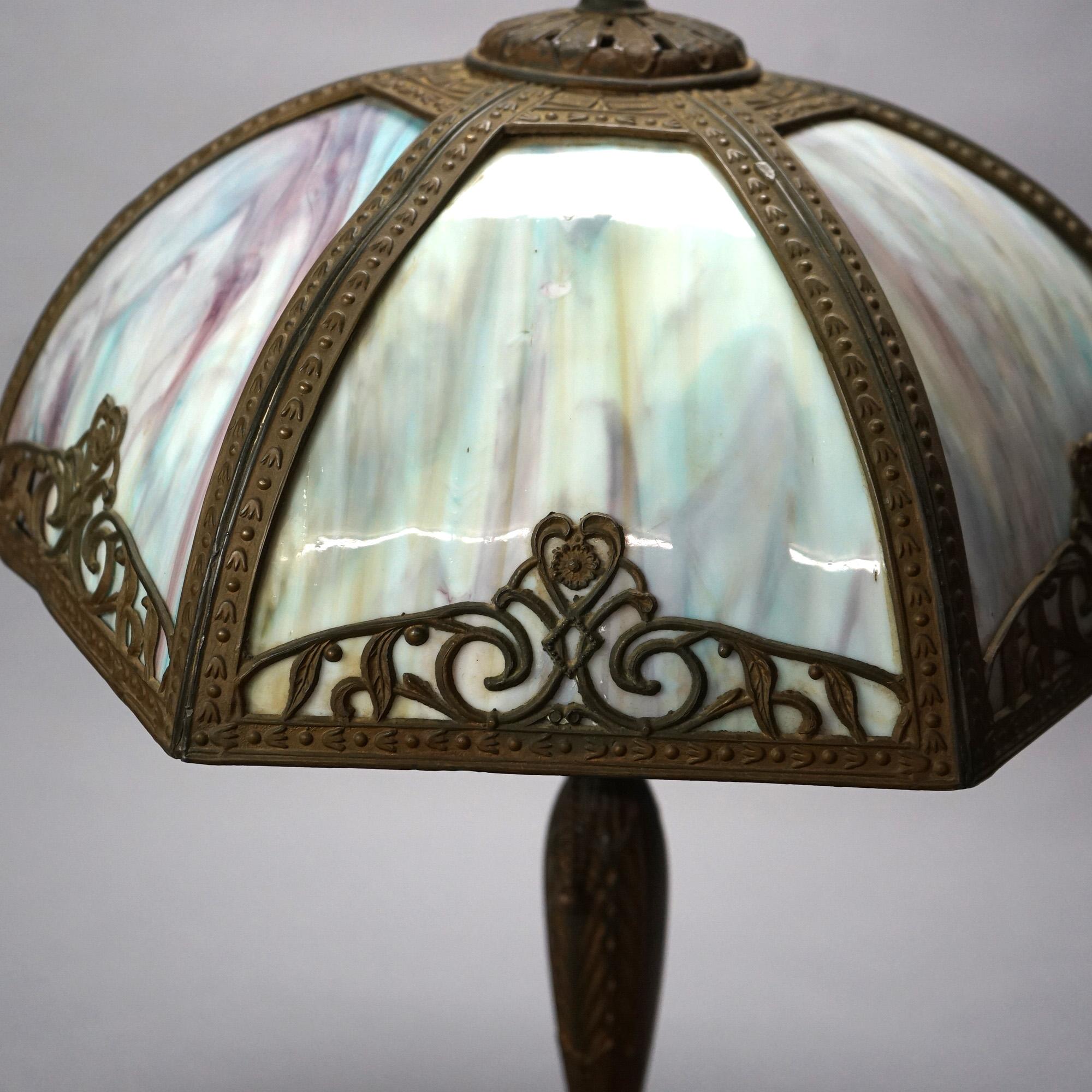 Antique Bradley & Hubbard School Arts & Crafts Bent Slag Glass Panel Lamp C1920 In Good Condition In Big Flats, NY