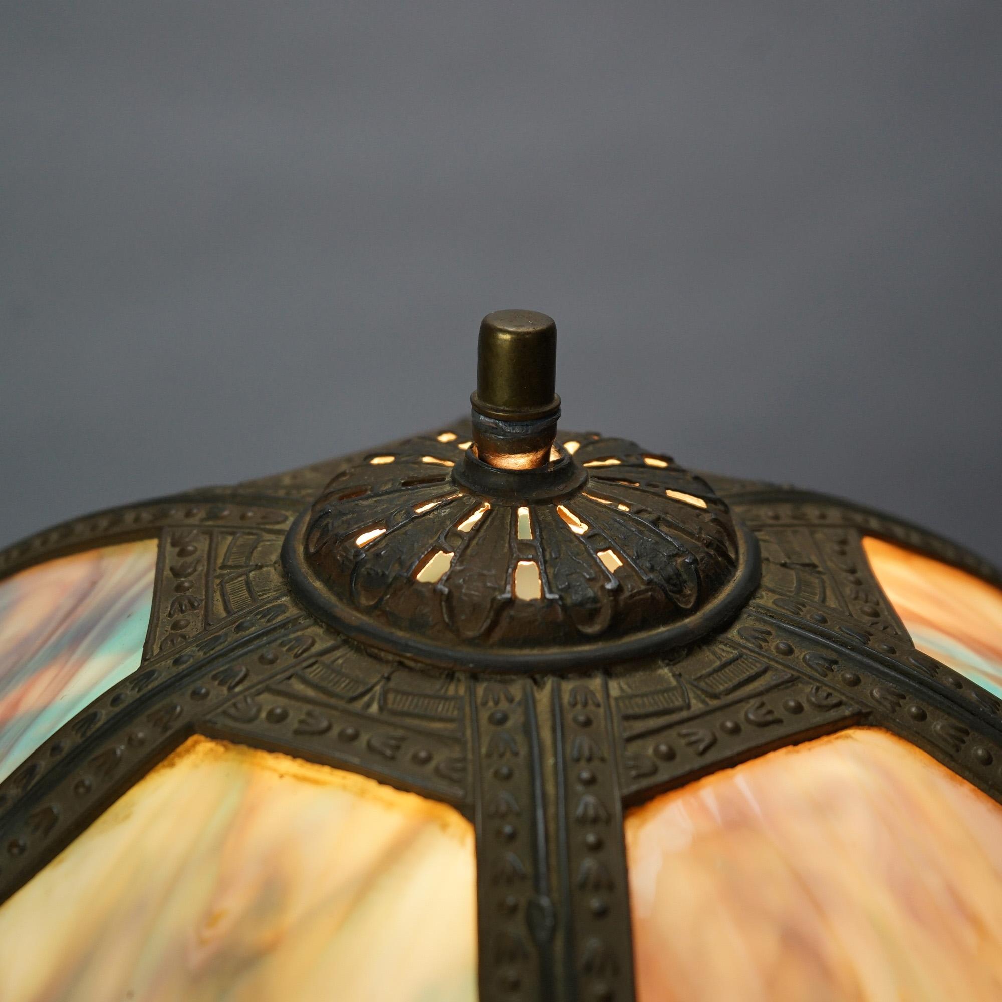 20th Century Antique Bradley & Hubbard School Arts & Crafts Bent Slag Glass Panel Lamp C1920