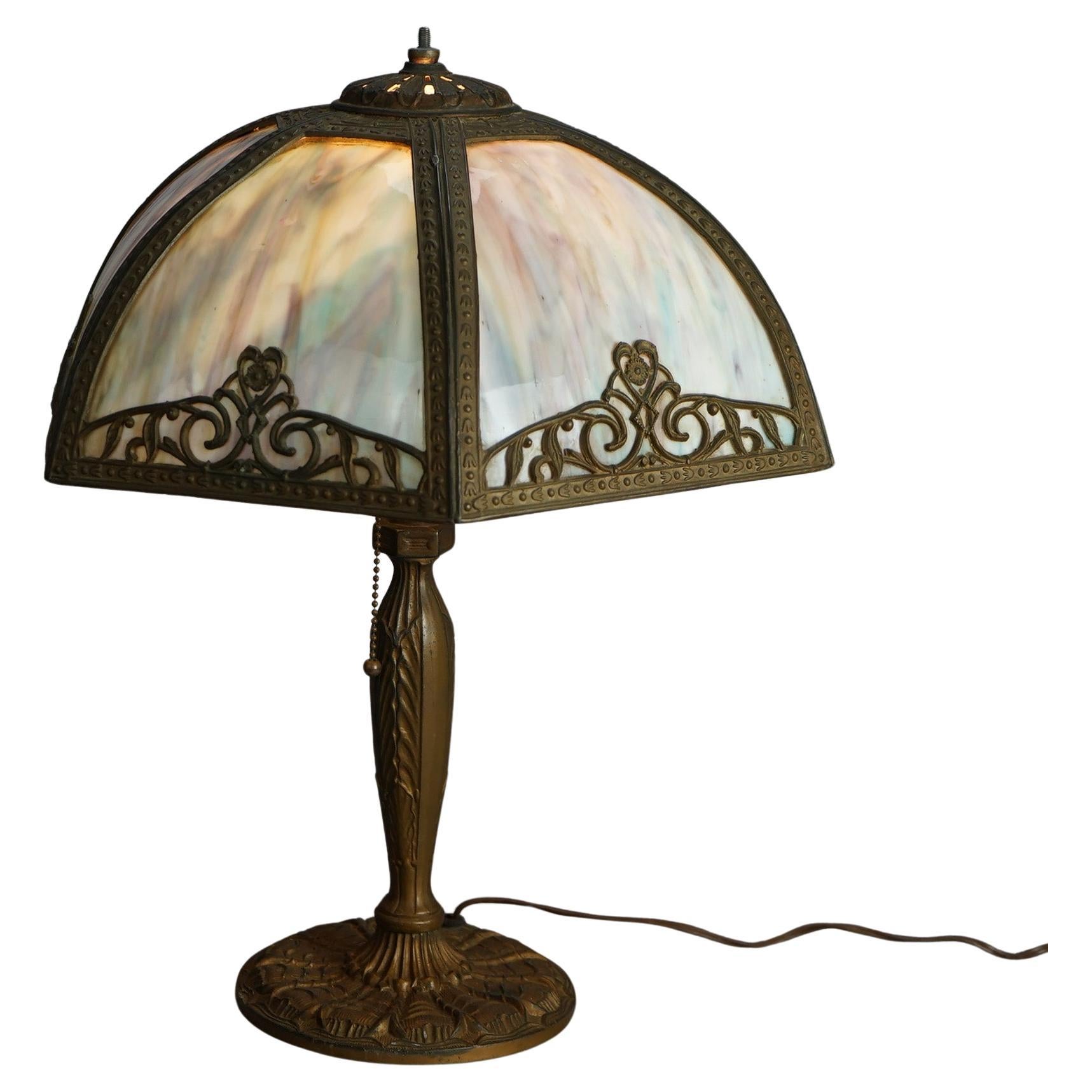 Antigua lámpara de cristal de escoria curvado Bradley & Hubbard School Arts & Crafts C1920