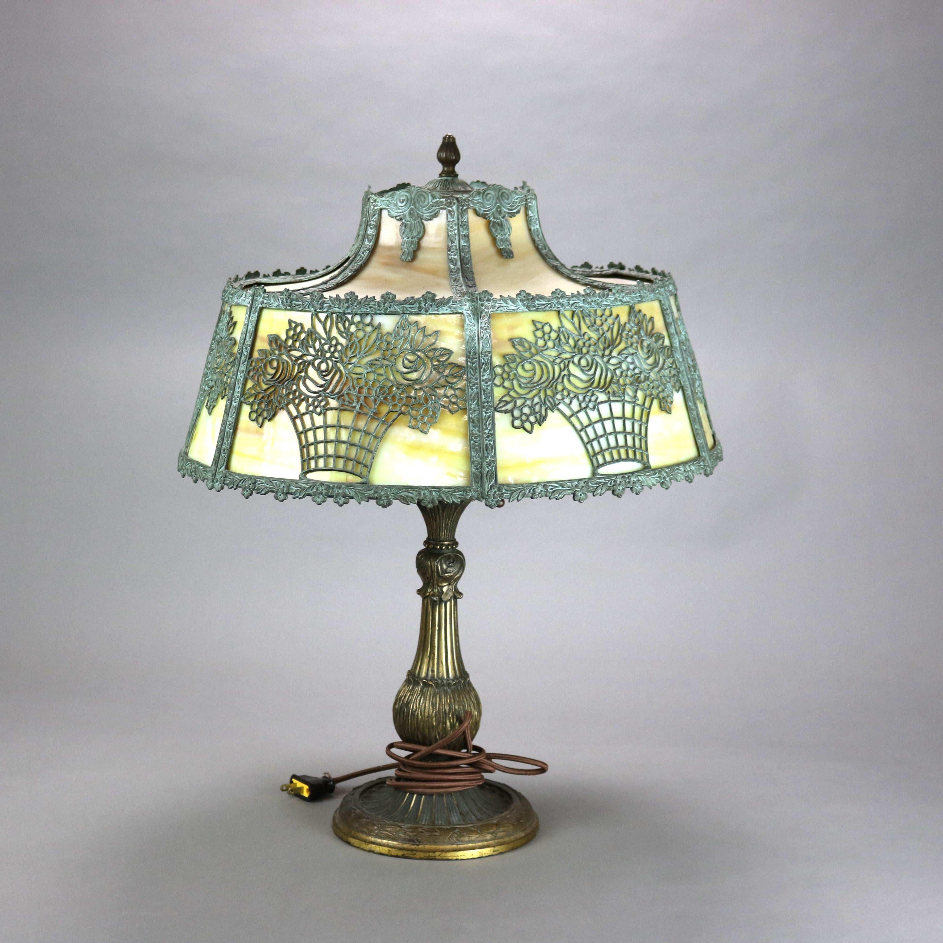 Arts and Crafts Antique Bradley & Hubbard School Arts & Crafts Bronze & Slag Glass Lamp c1920