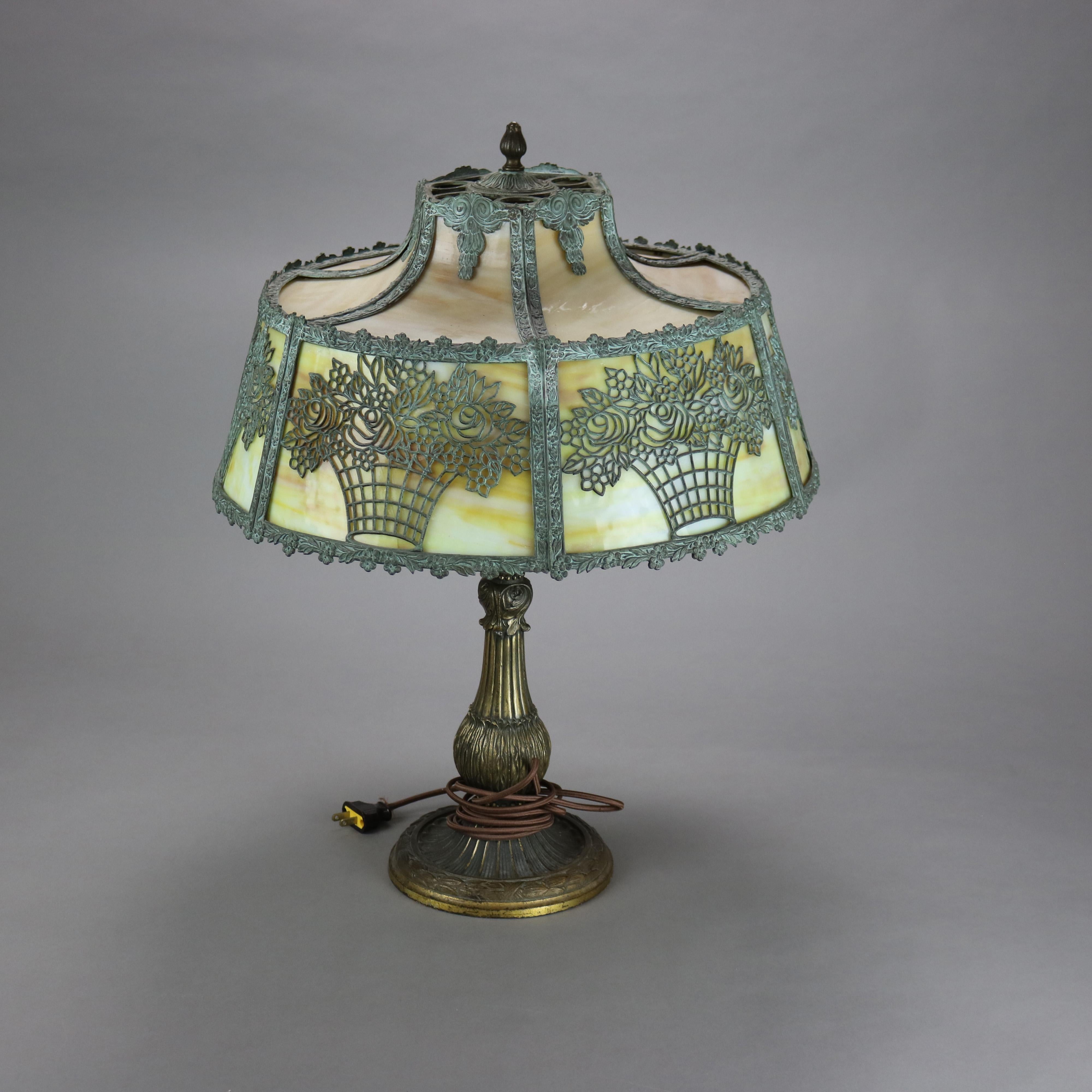 American Antique Bradley & Hubbard School Arts & Crafts Bronze & Slag Glass Lamp c1920