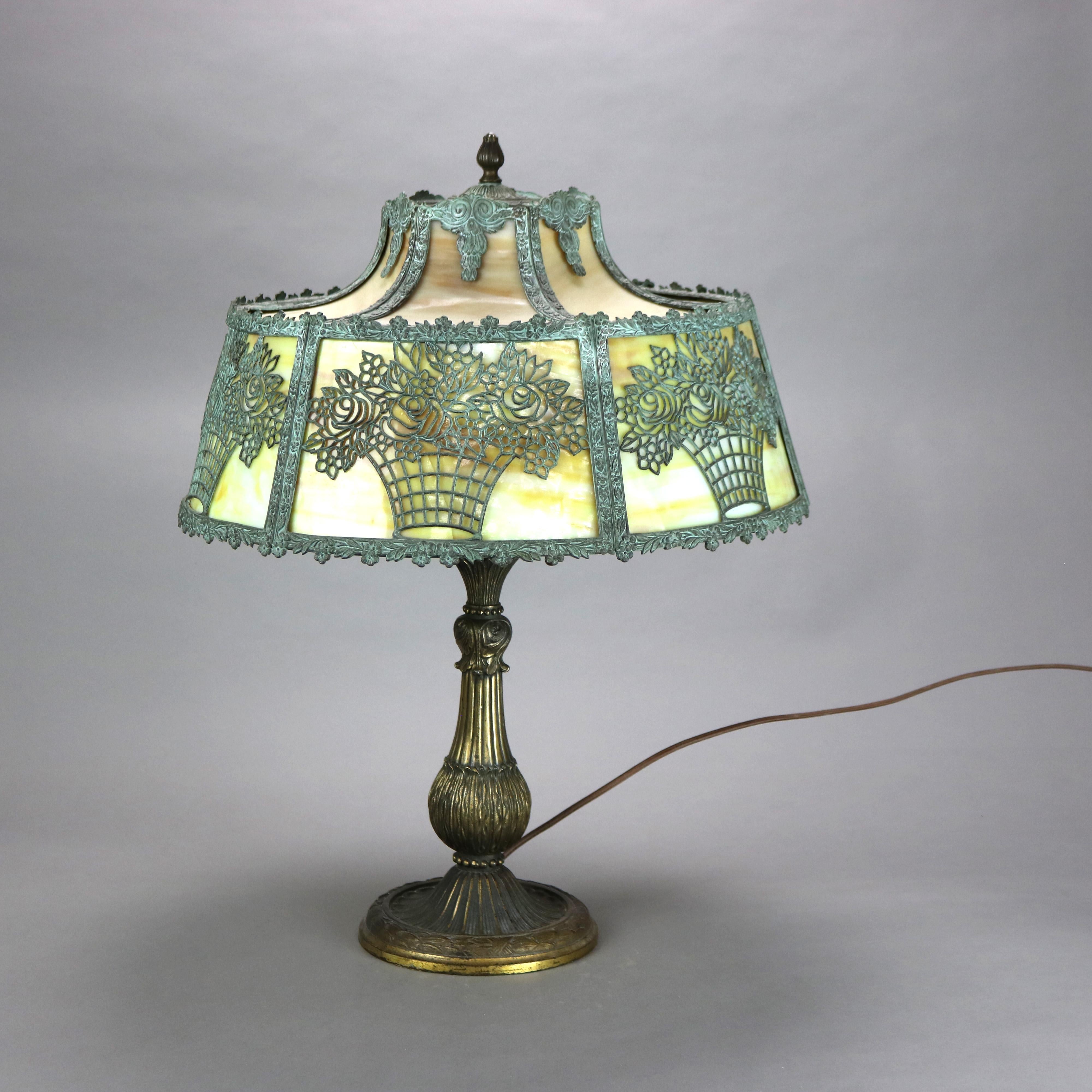 Antique Bradley & Hubbard School Arts & Crafts Bronze & Slag Glass Lamp c1920 In Good Condition In Big Flats, NY