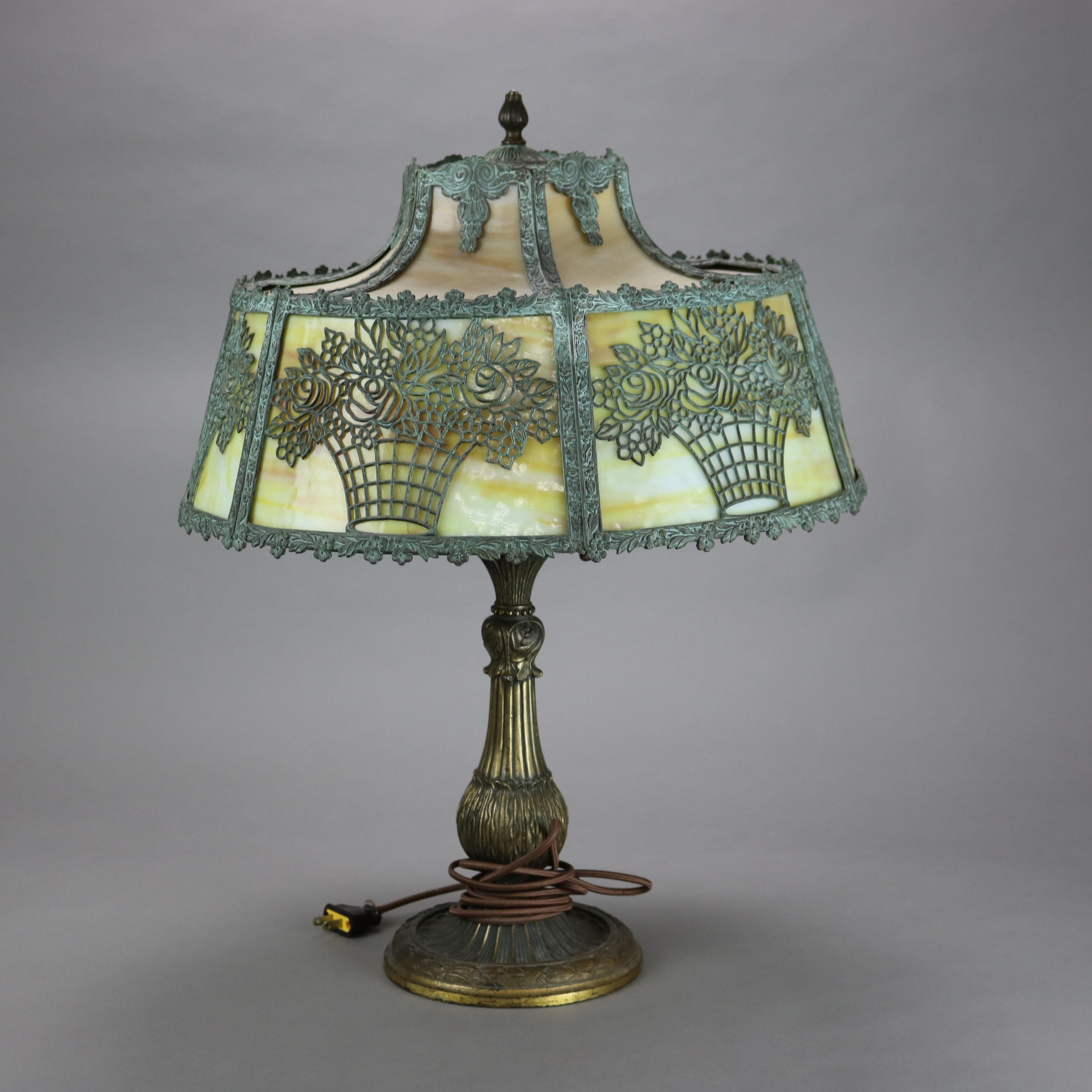 20th Century Antique Bradley & Hubbard School Arts & Crafts Bronze & Slag Glass Lamp c1920