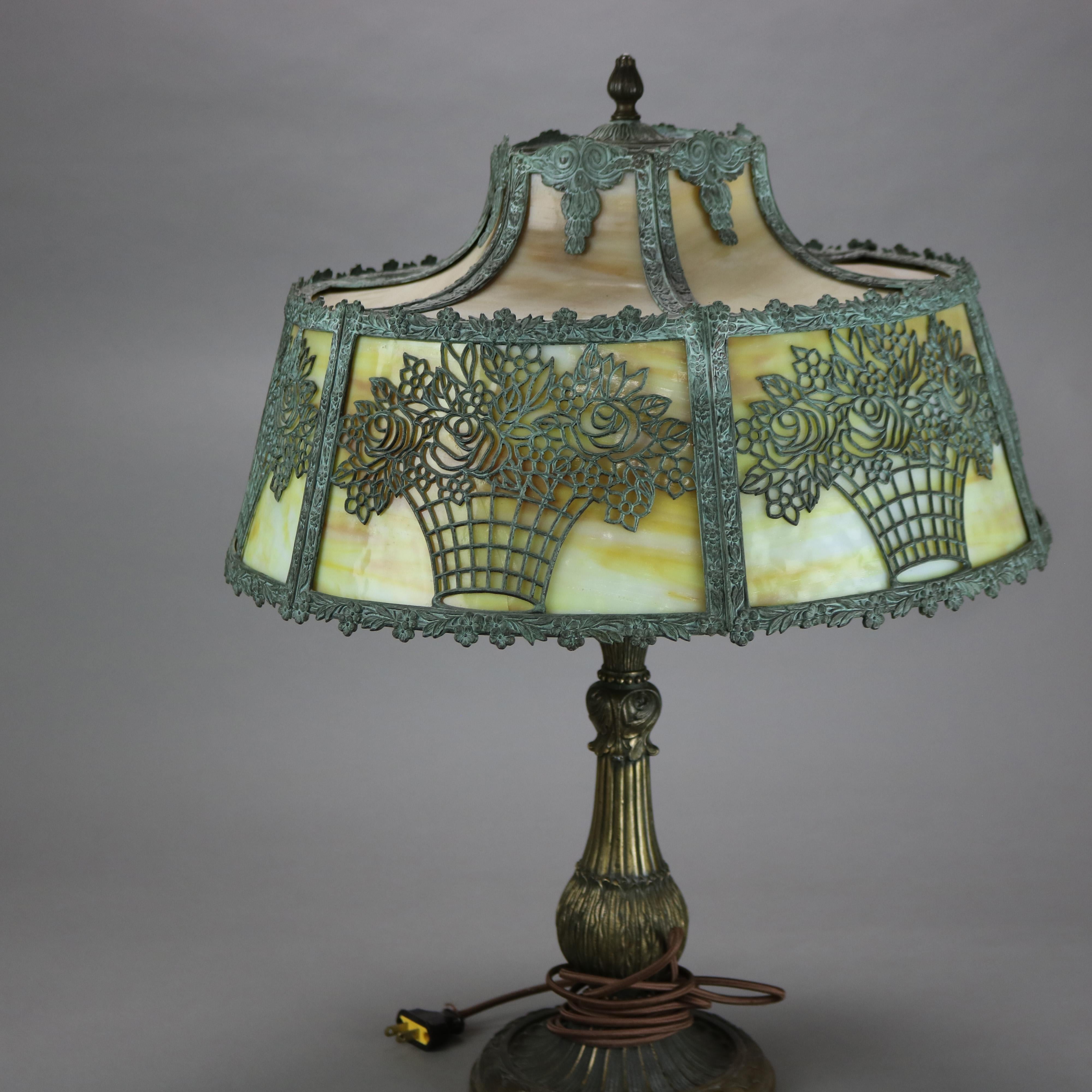 Antique Bradley & Hubbard School Arts & Crafts Bronze & Slag Glass Lamp c1920 1