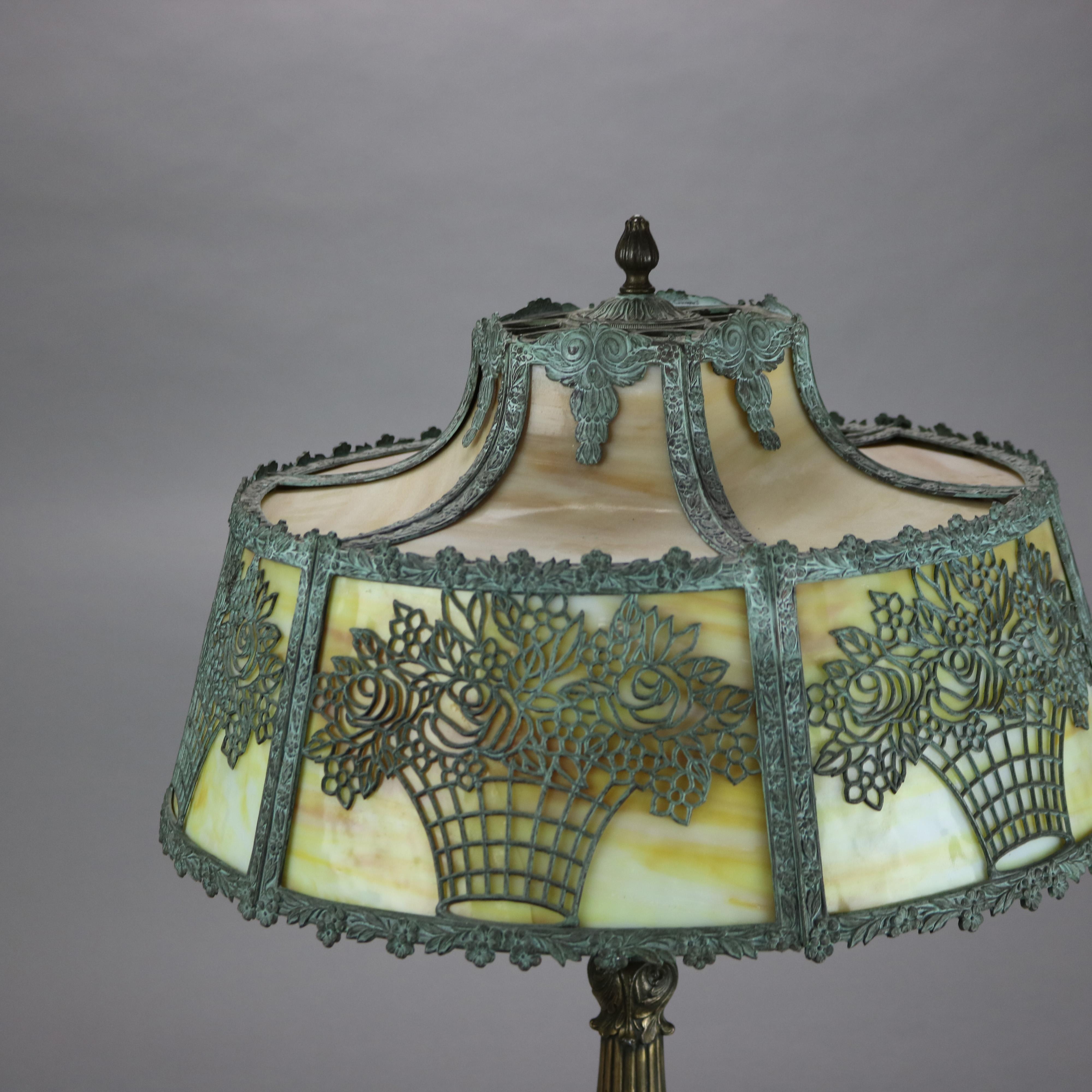 Antique Bradley & Hubbard School Arts & Crafts Bronze & Slag Glass Lamp c1920 2