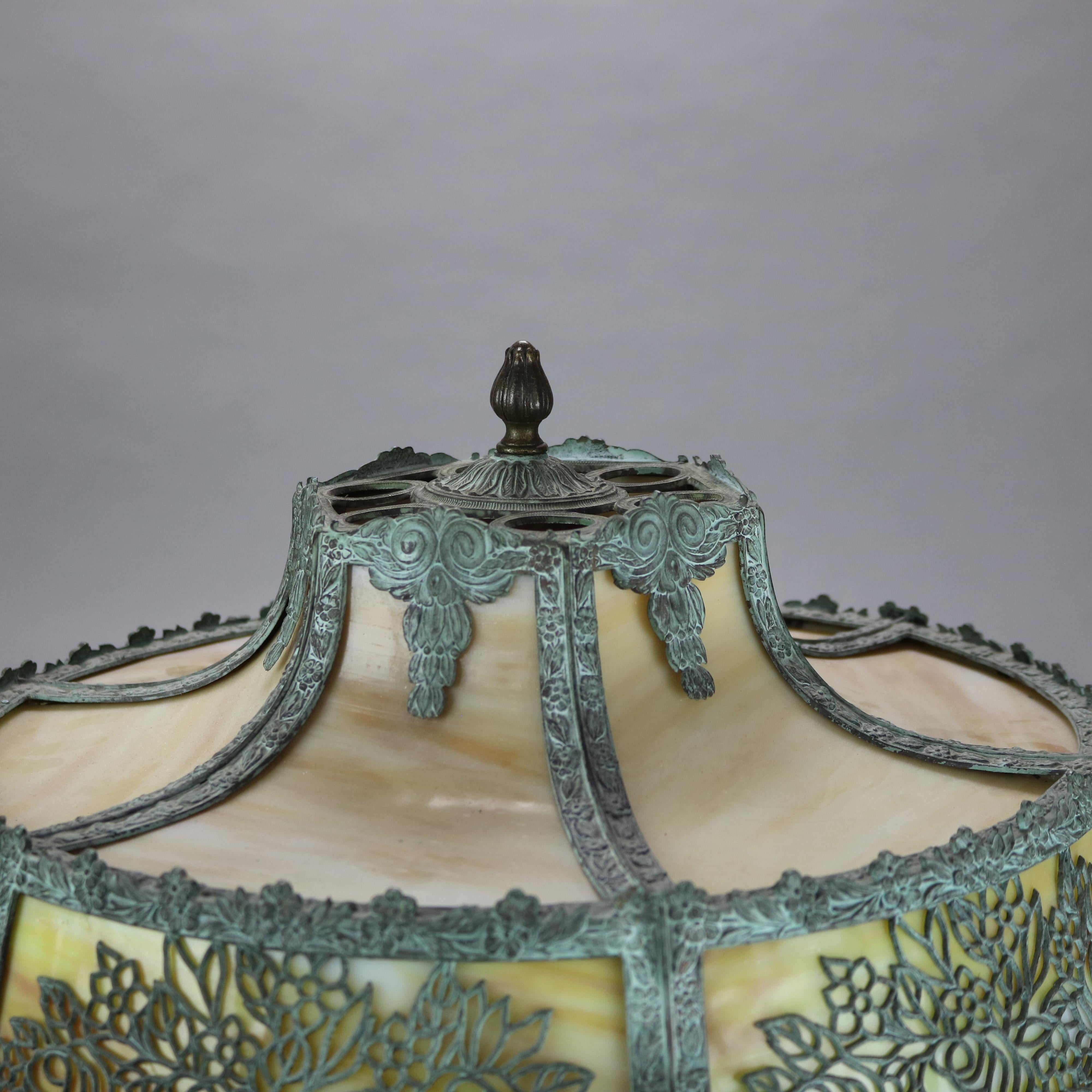 Antique Bradley & Hubbard School Arts & Crafts Bronze & Slag Glass Lamp c1920 3