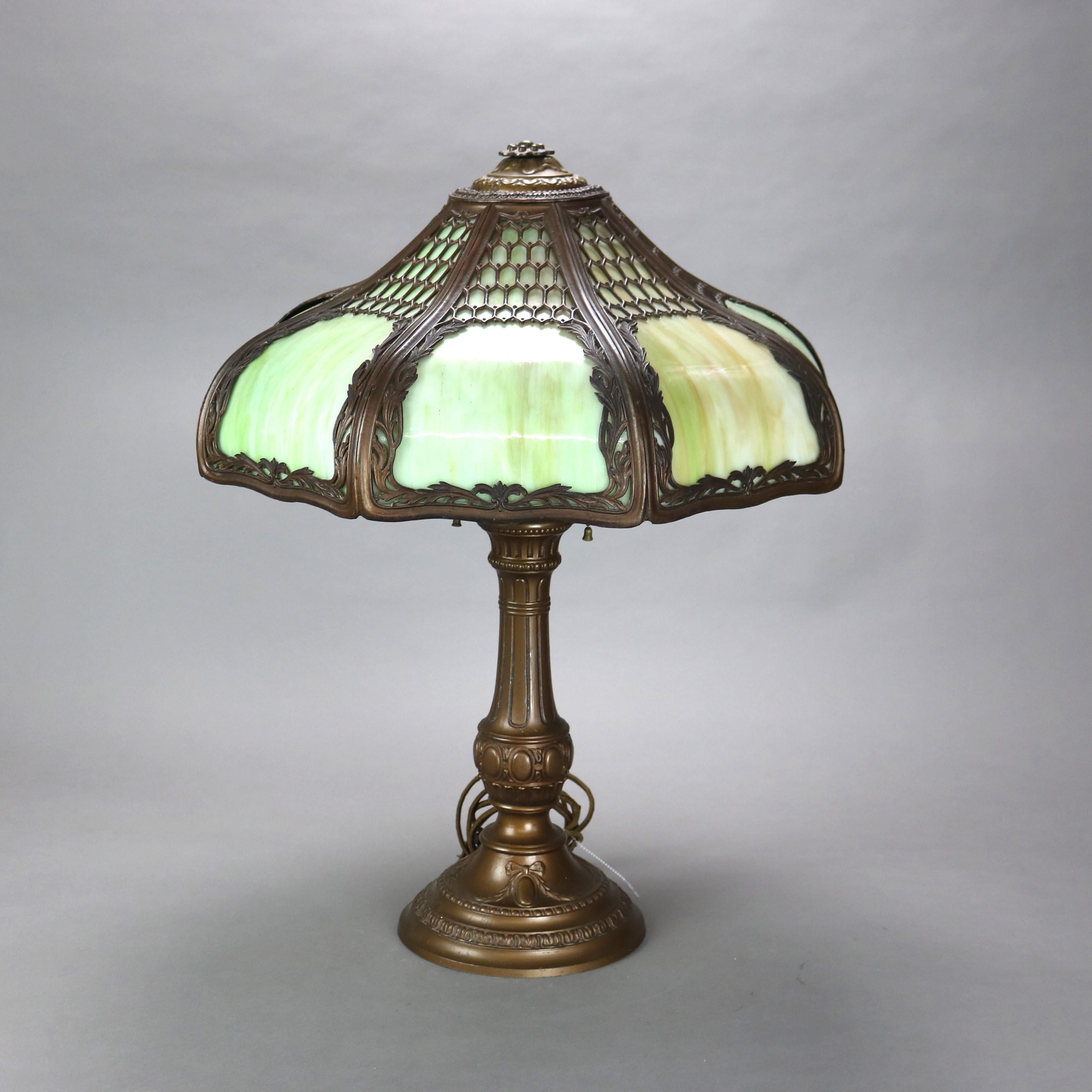 Antique Bradley & Hubbard School Arts & Crafts Bronzed Metal & Slag Glass Eight-Panel Table Lamp c1920

Measures- 24.25