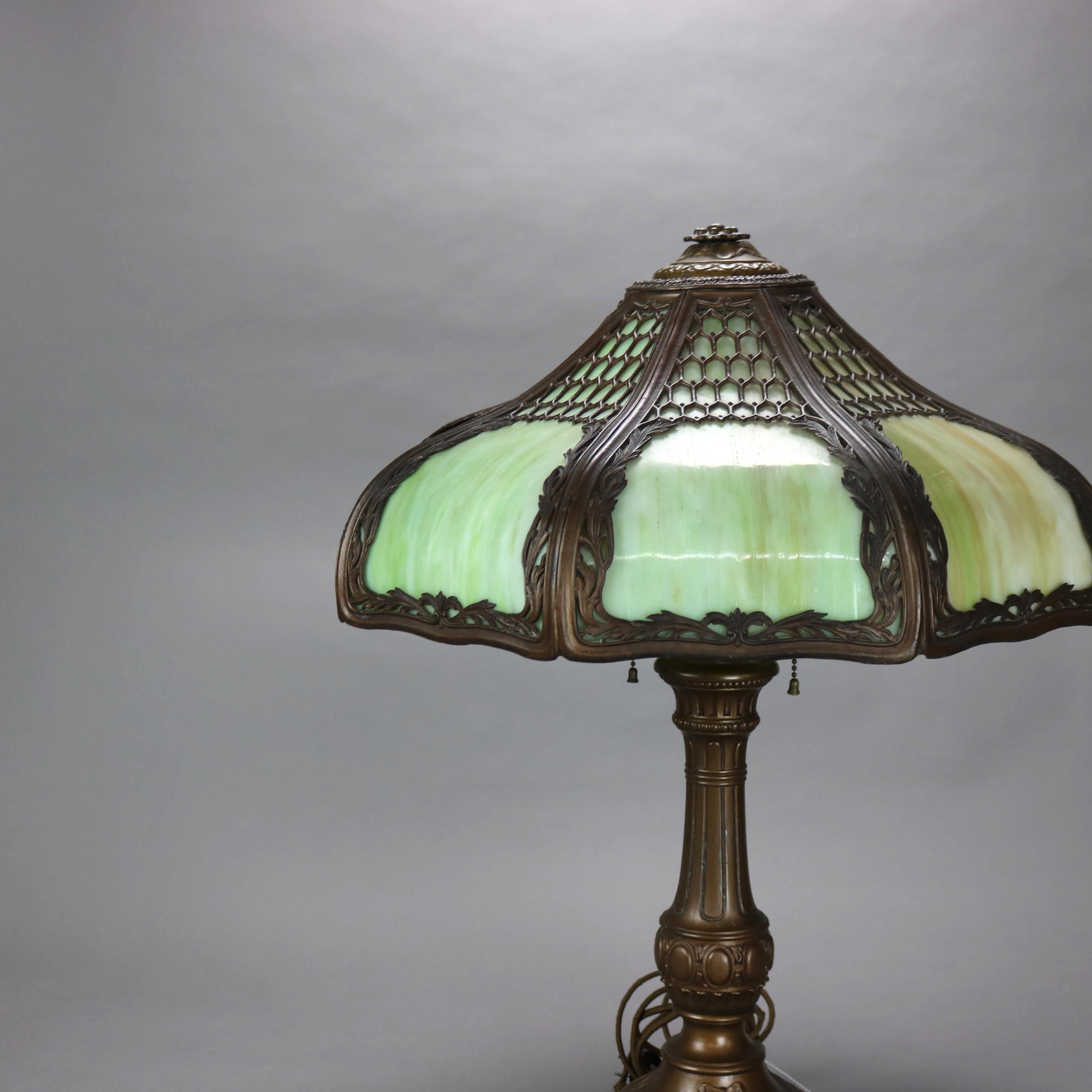 Arts and Crafts Antique Bradley & Hubbard School Arts & Crafts Bronzed Metal & Slag Glass Lamp For Sale