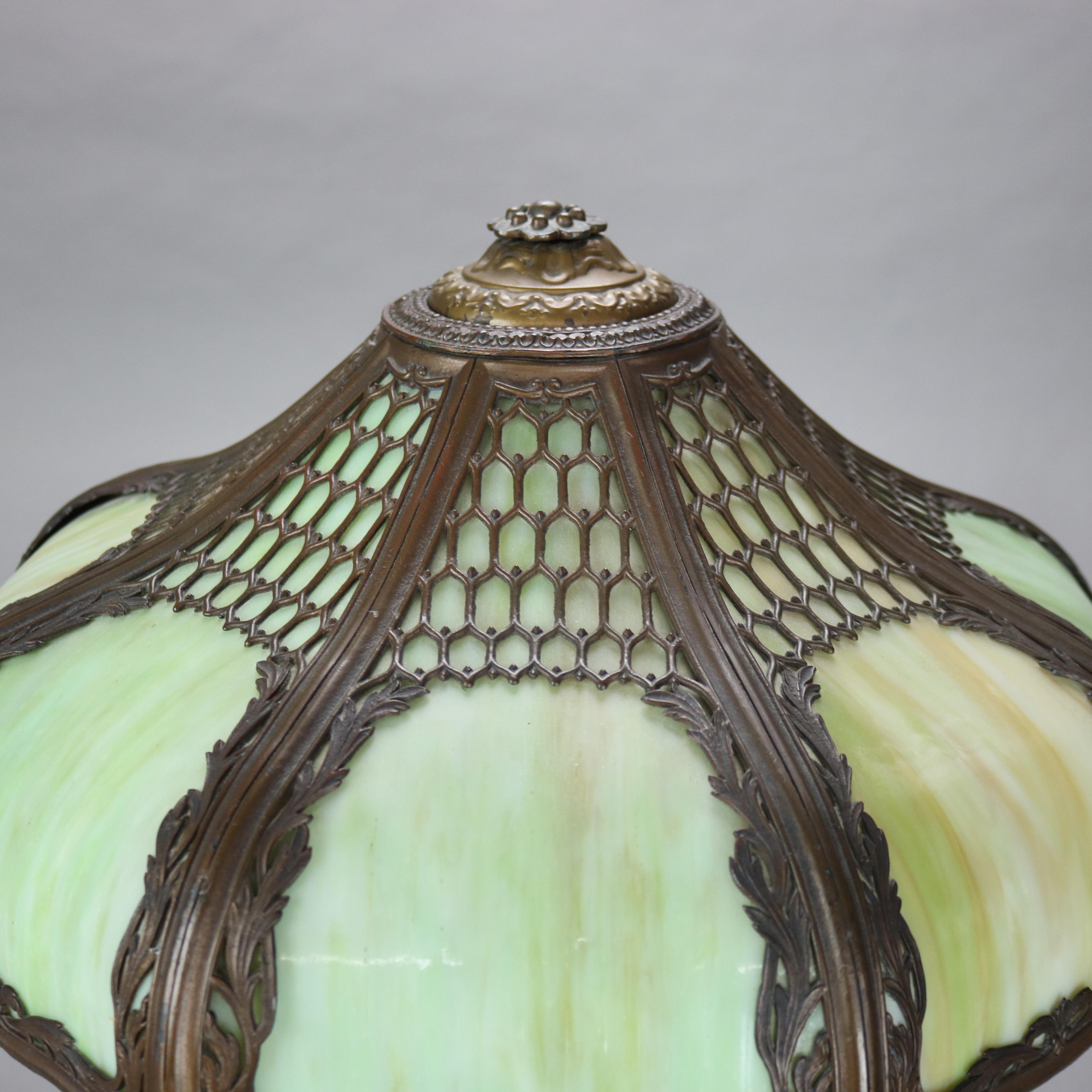 American Antique Bradley & Hubbard School Arts & Crafts Bronzed Metal & Slag Glass Lamp For Sale