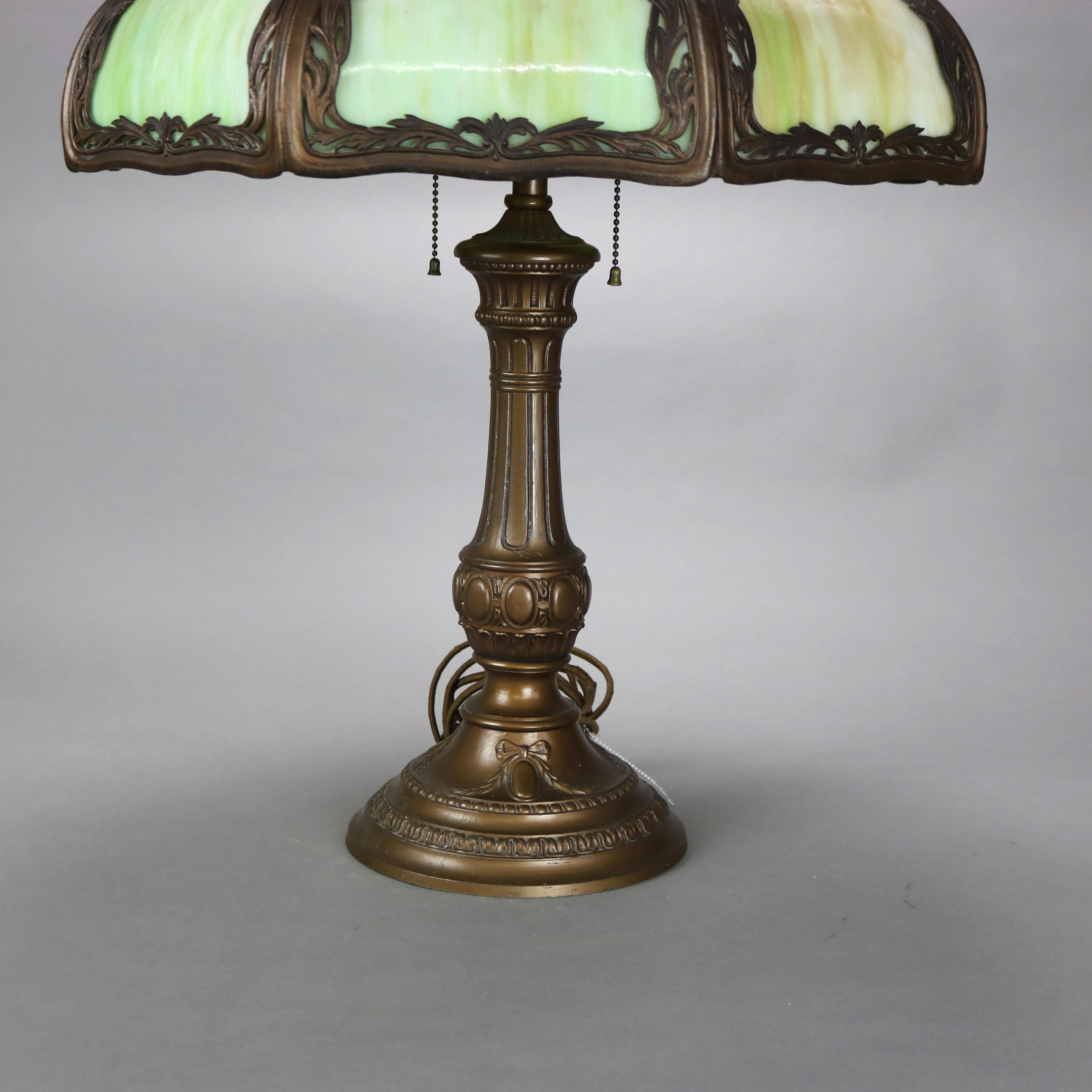 Antique Bradley & Hubbard School Arts & Crafts Bronzed Metal & Slag Glass Lamp In Good Condition For Sale In Big Flats, NY