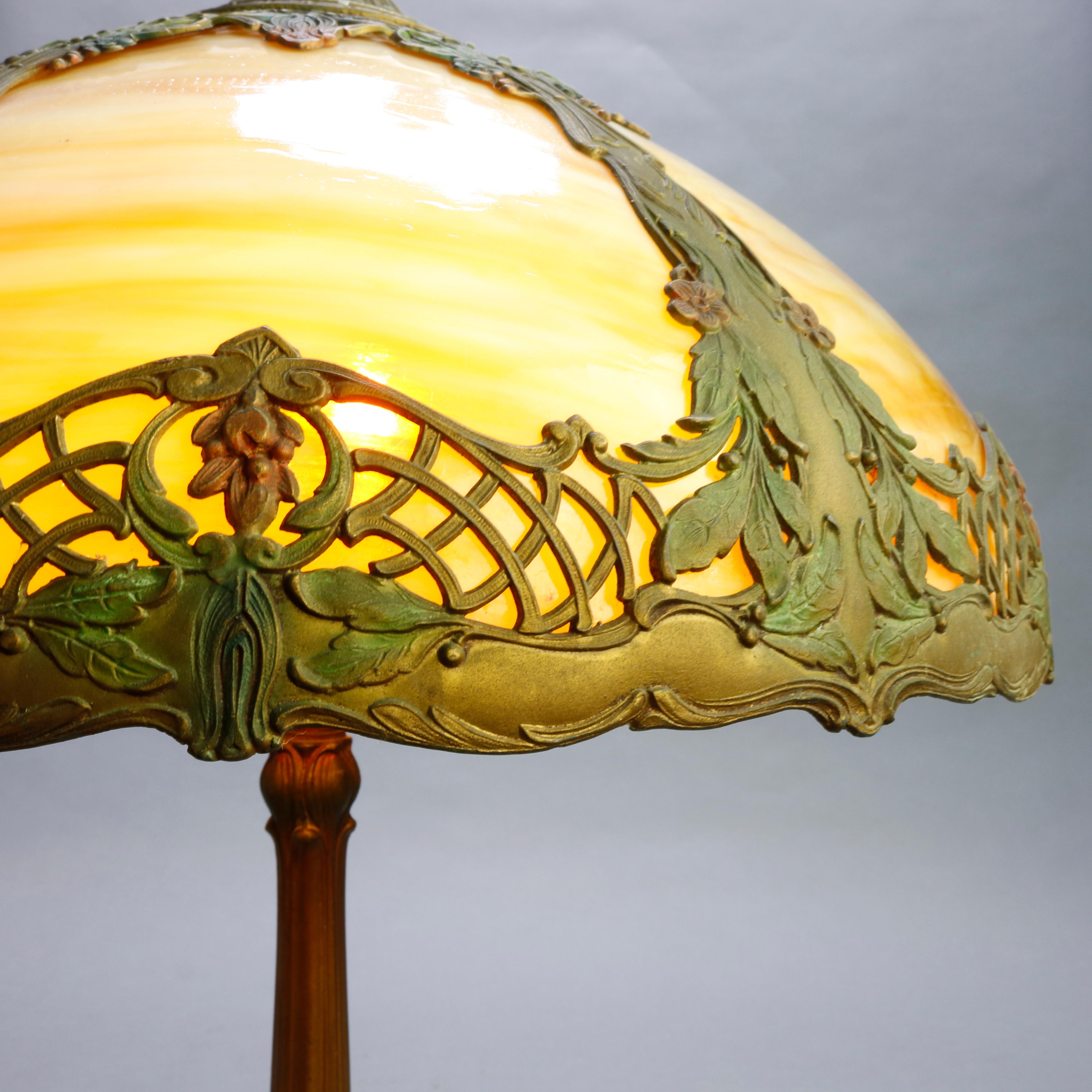 Arts and Crafts Antique Bradley & Hubbard School Arts & Crafts Polychromed Slag Glass Table Lamp
