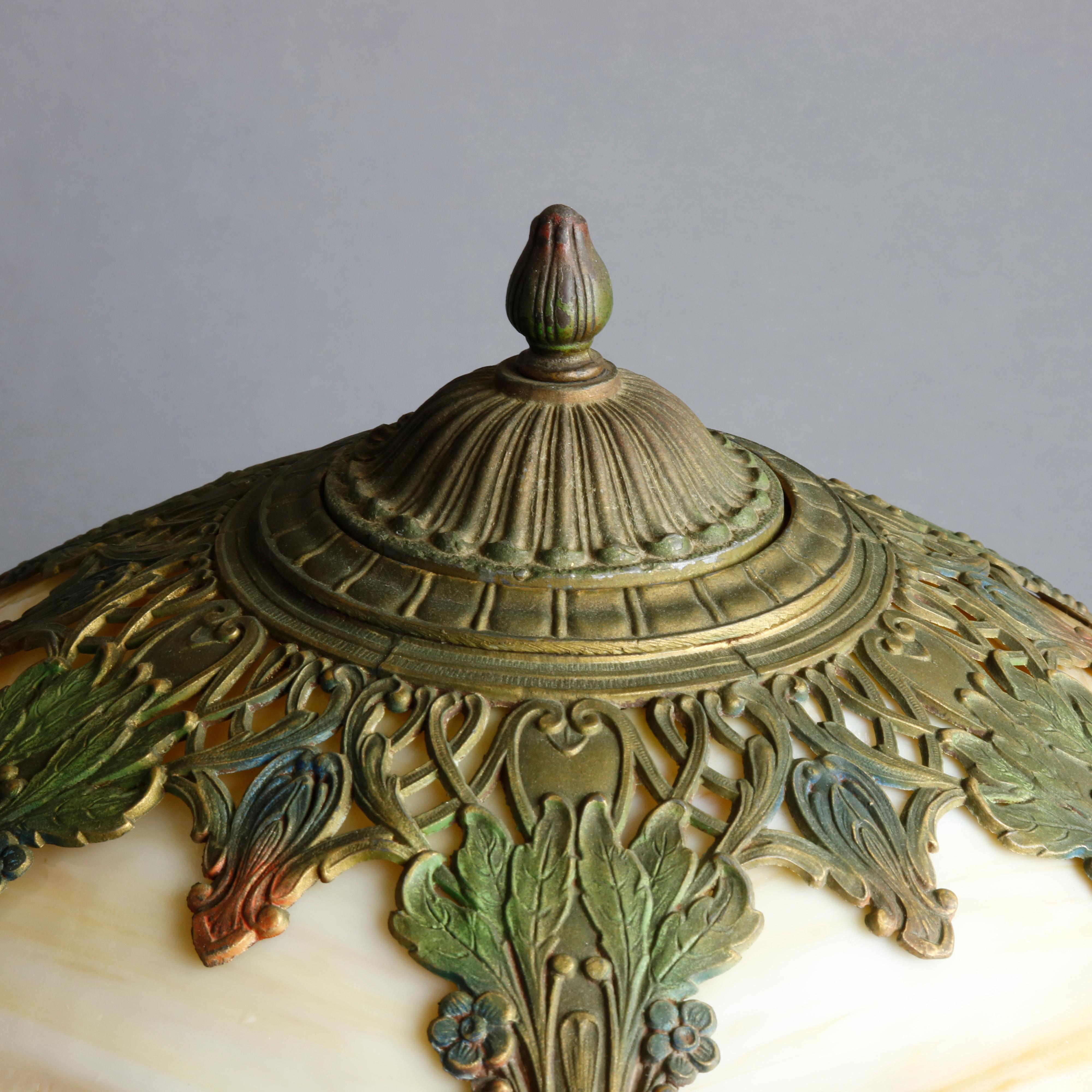 American Antique Bradley & Hubbard School Arts & Crafts Polychromed Slag Glass Table Lamp