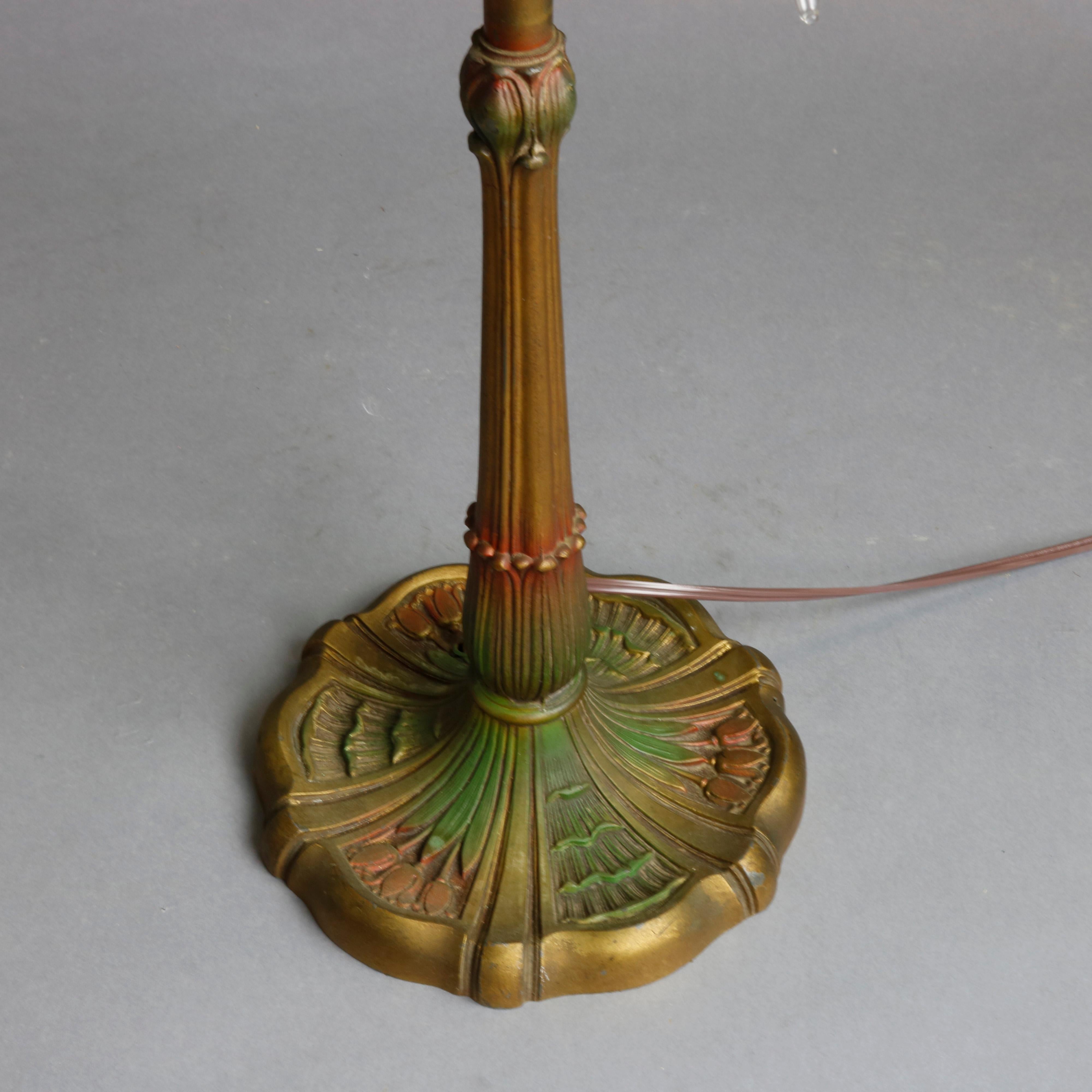 Metal Antique Bradley & Hubbard School Arts & Crafts Polychromed Slag Glass Table Lamp