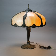 Antique Bradley & Hubbard School Arts & Crafts Six-Panel Slag Glass Lamp c1920