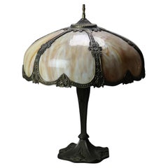 Antique Bradley & Hubbard School Arts & Crafts Six-Panel Slag Glass Lamp c1920