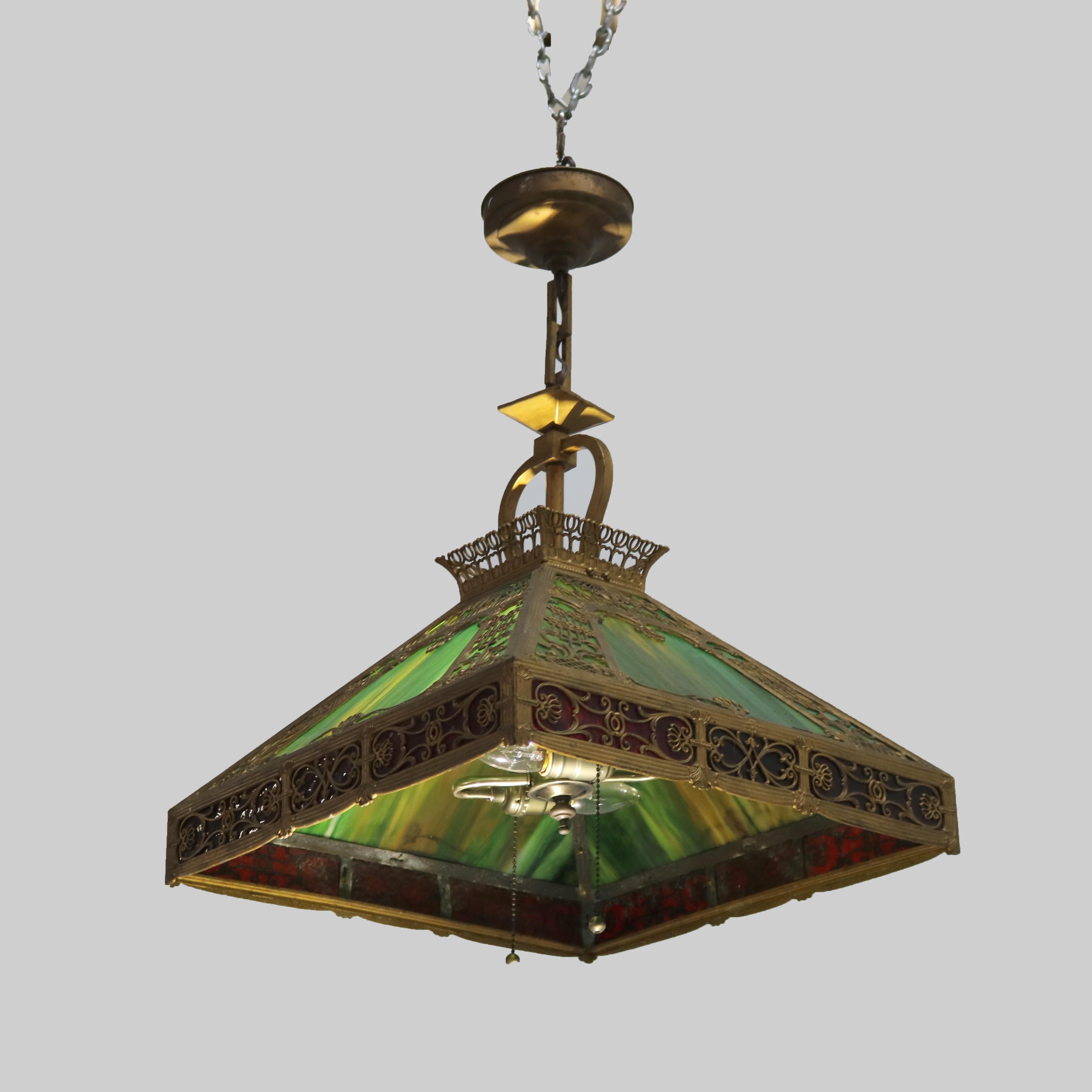 Antique Bradley & Hubbard School Arts & Crafts Slag Glass Hanging Lamp C1920

Measures- 25.25