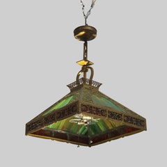 Antique Bradley & Hubbard School Arts & Crafts Slag Glass Hanging Lamp C1920