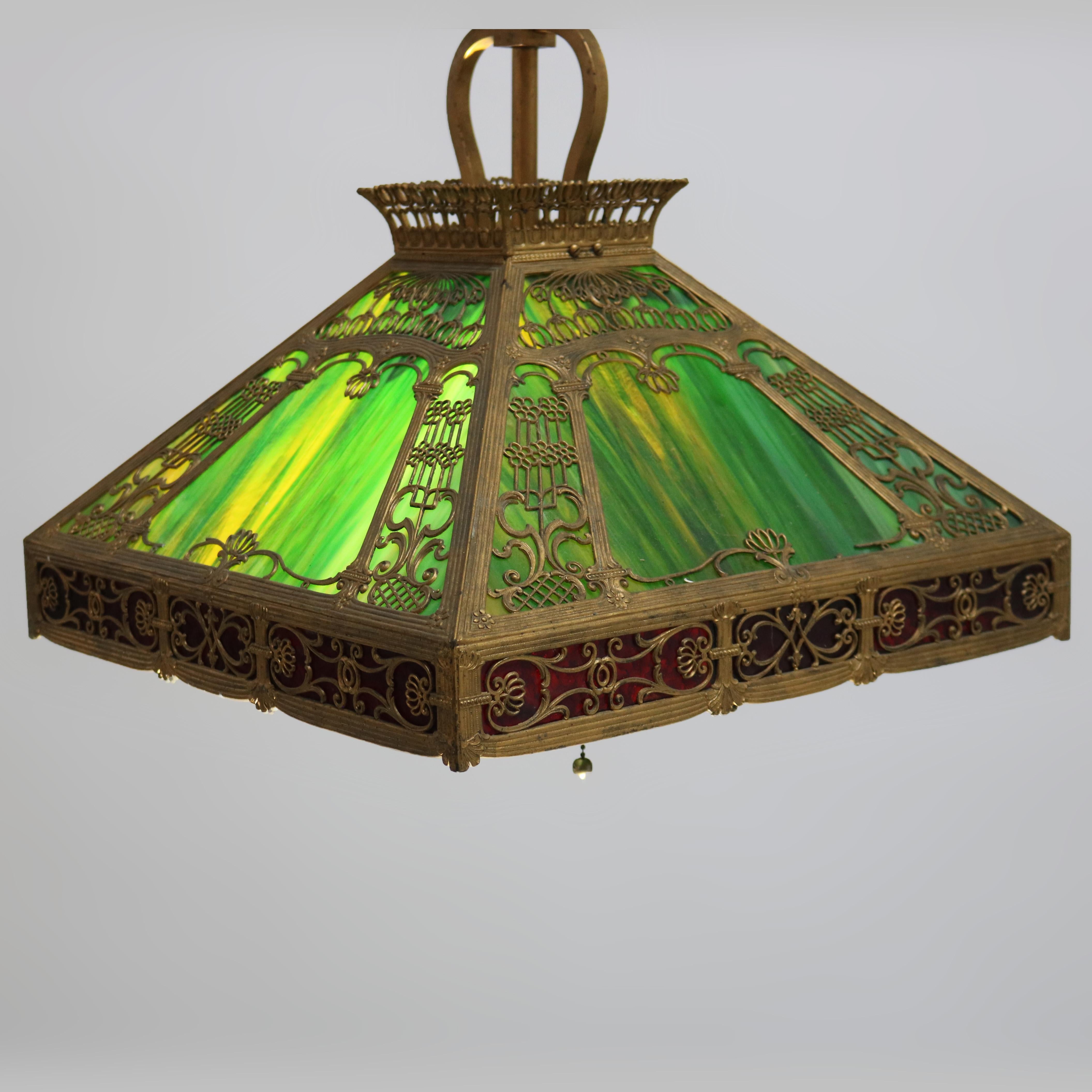 Arts and Crafts Antique Bradley & Hubbard School Arts & Crafts Slag Glass Hanging Lamp C1920