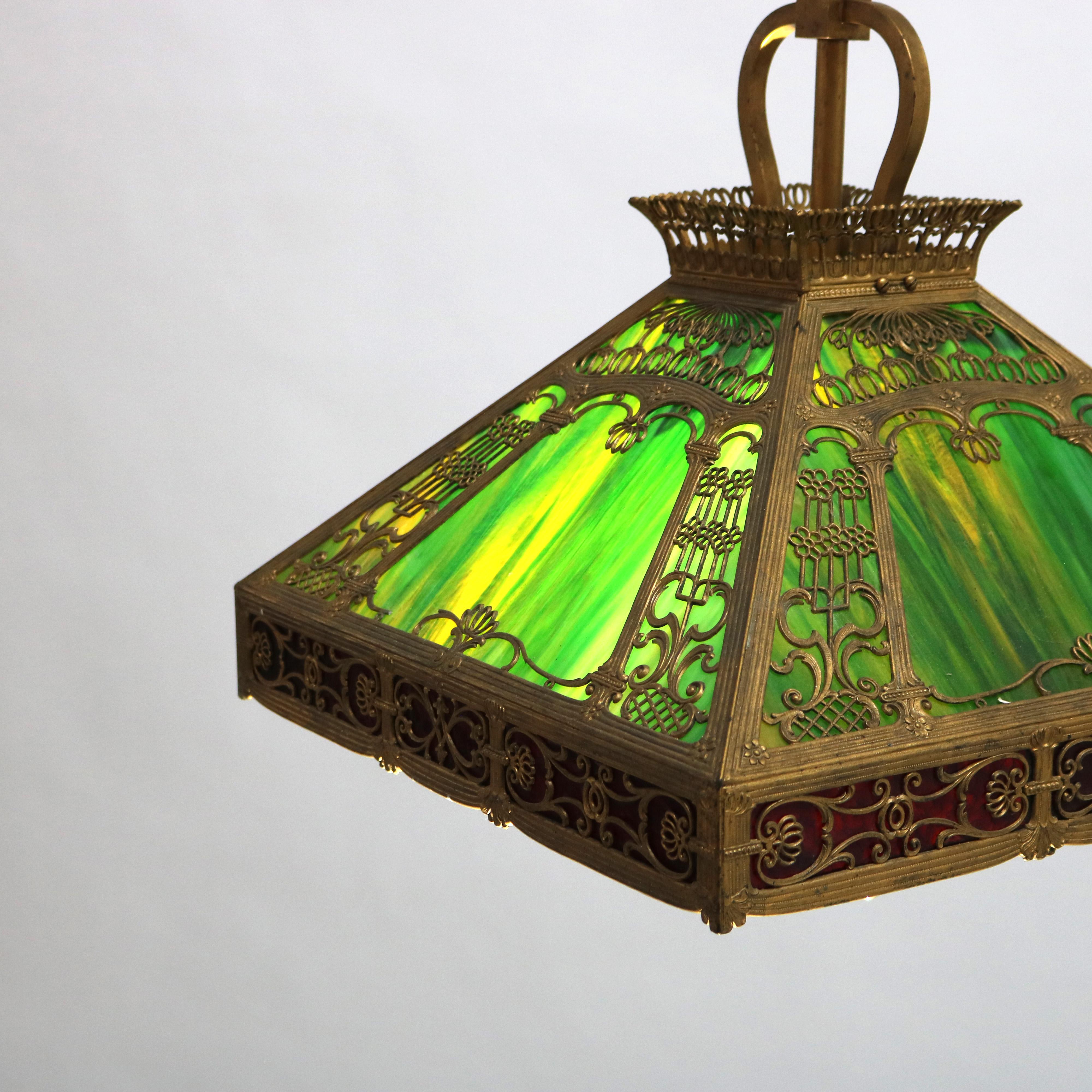 American Antique Bradley & Hubbard School Arts & Crafts Slag Glass Hanging Lamp C1920