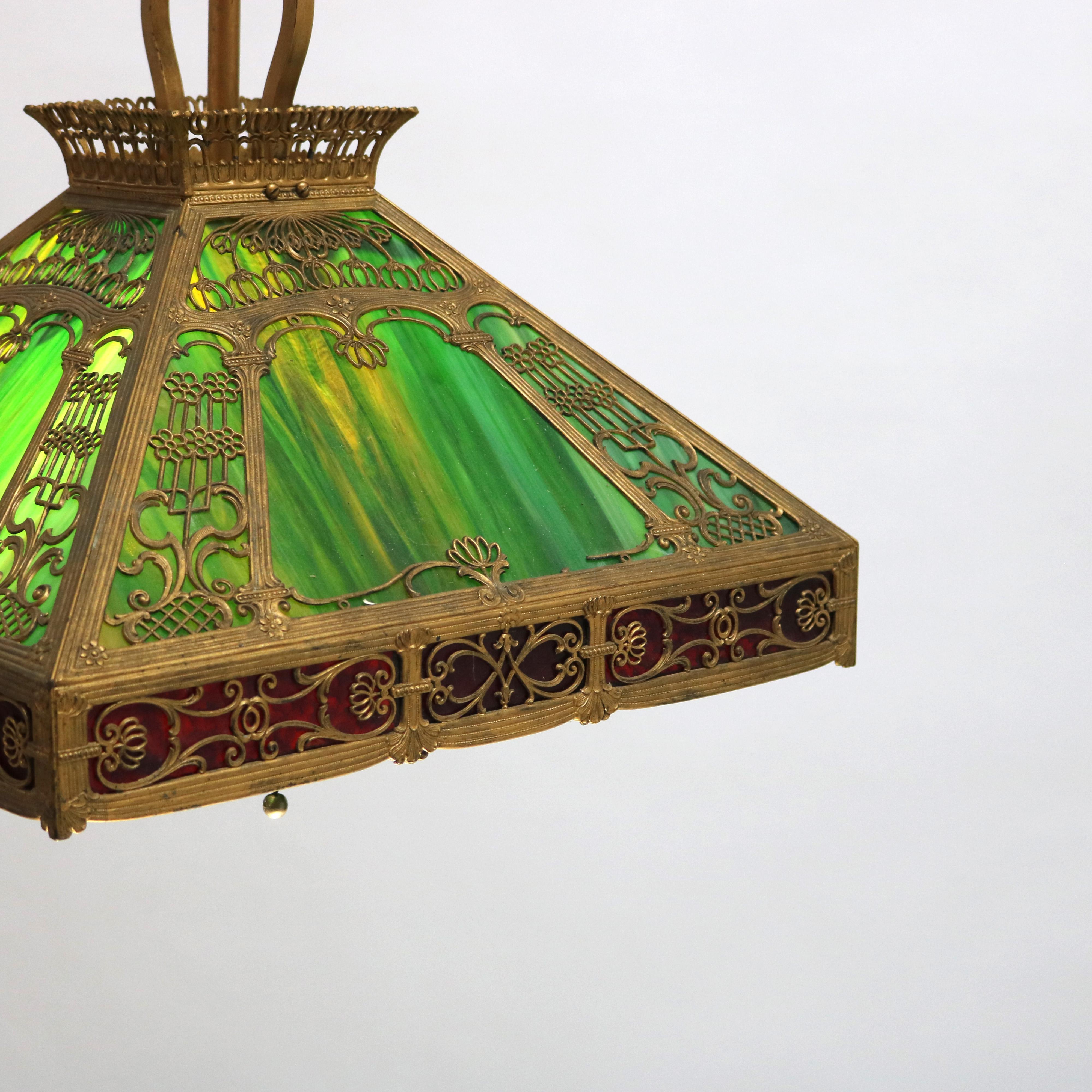 Antique Bradley & Hubbard School Arts & Crafts Slag Glass Hanging Lamp C1920 In Good Condition In Big Flats, NY