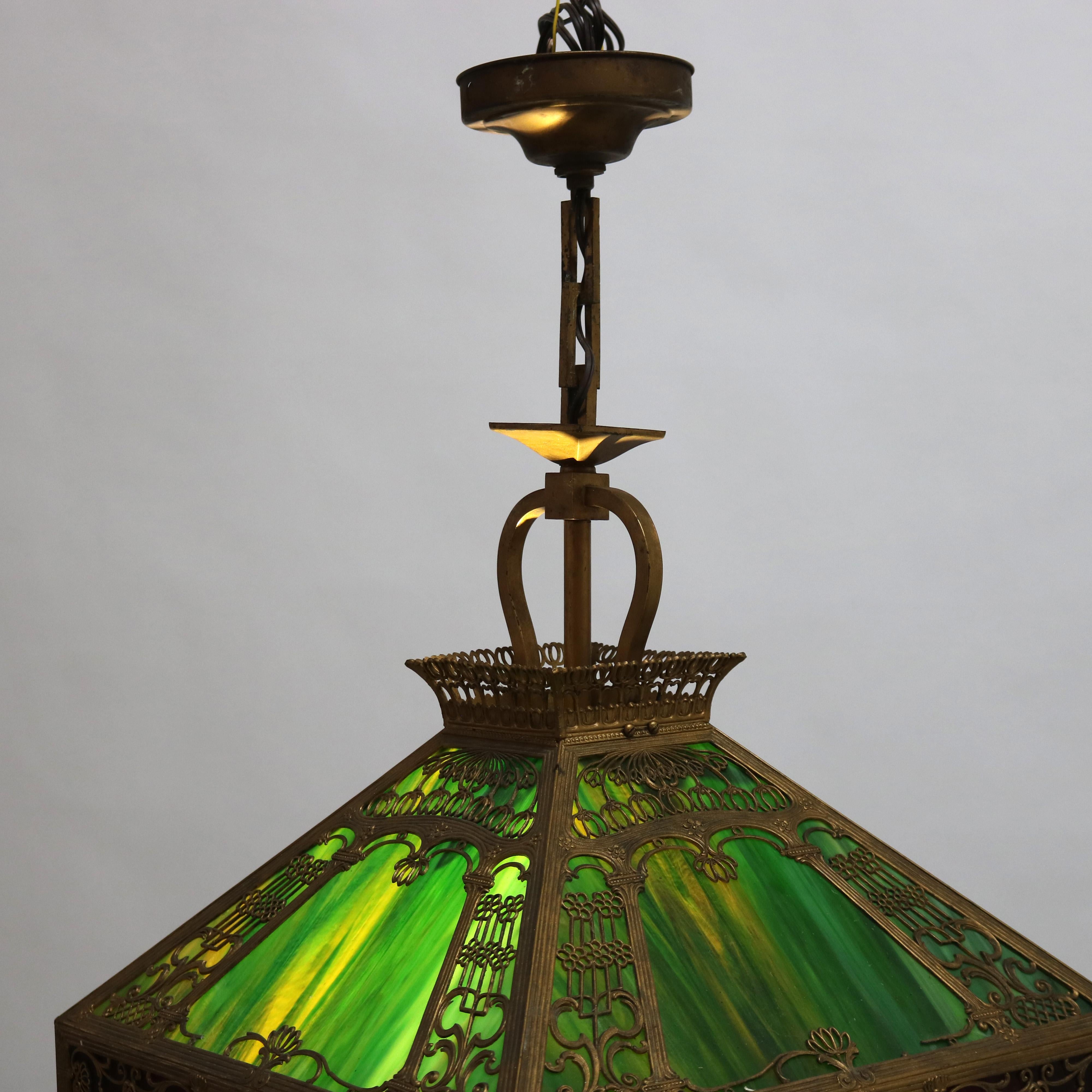 20th Century Antique Bradley & Hubbard School Arts & Crafts Slag Glass Hanging Lamp C1920