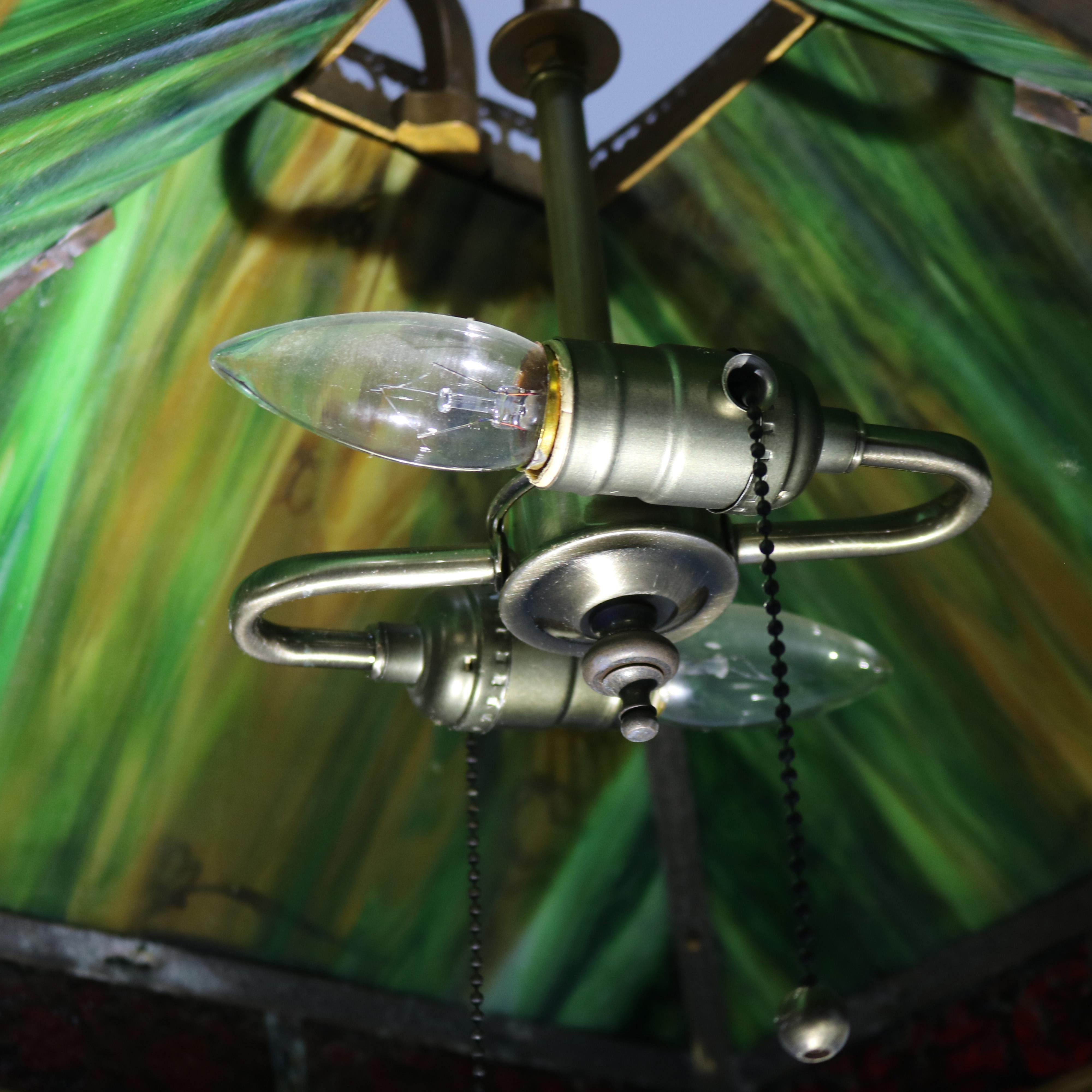 Antique Bradley & Hubbard School Arts & Crafts Slag Glass Hanging Lamp C1920 2